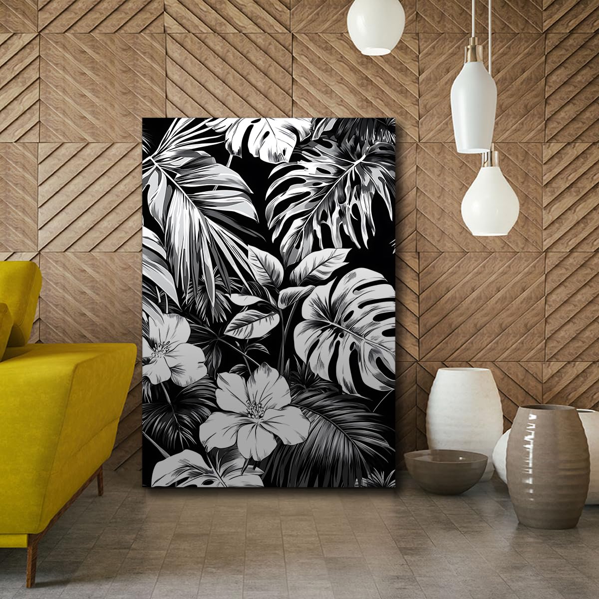 CHERHERART Odważny Bohemian Wall Decor Czarno-biały plakat na płótnie Tropikalny liść palmowy Monstera Sztuka ścienna do salonu Home Shipping 55x85cm Wewnętrzna rama