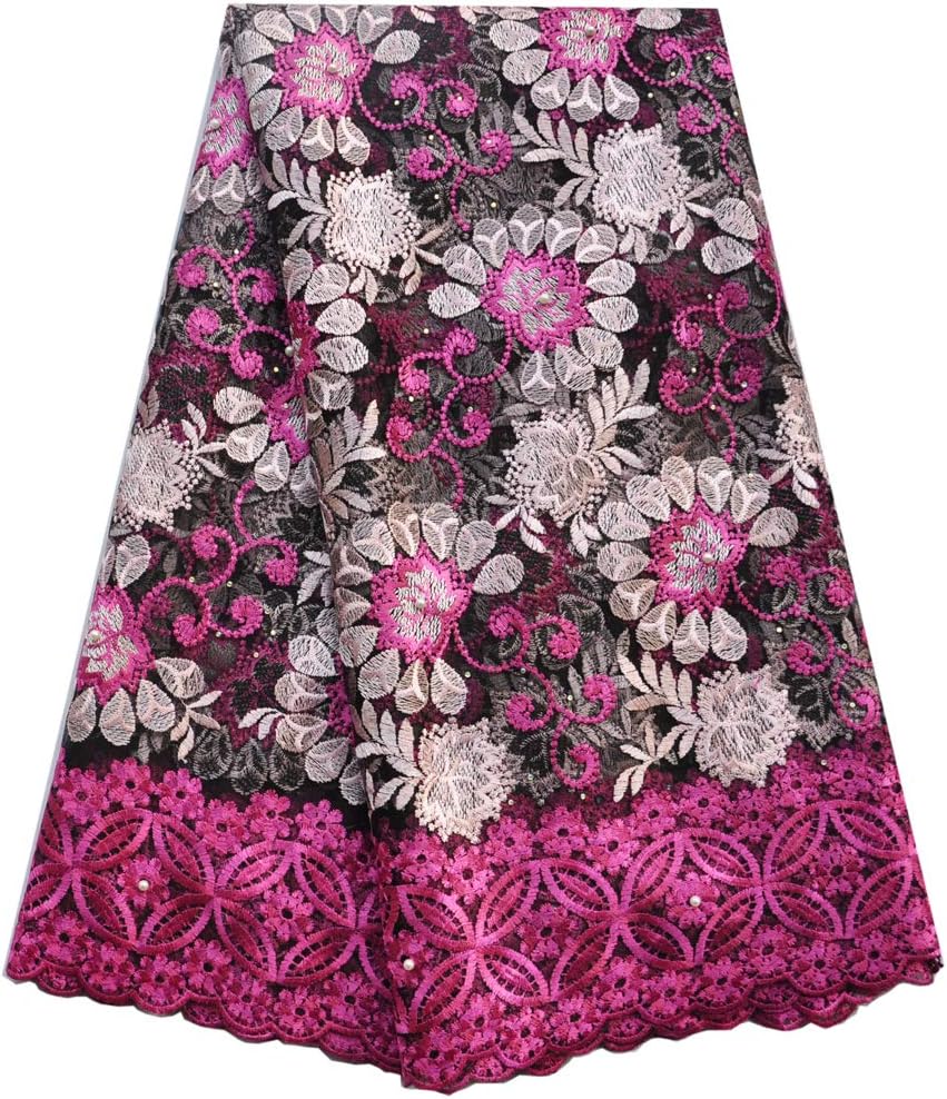 SanVera17 African Lace Net Fabrics Nigerian French Fabric Rope Embroidered and Manual Beading Guipure Cord Lace for Party Wedding 5 Yards (Rose)