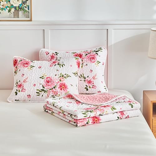 Miniatura 8 de UOZZI BEDDING Juego de edredón floral de 3 piezas, tamaño Queen, color blanco y rosa, de microfibra suave, ligero, reversible, para todas las