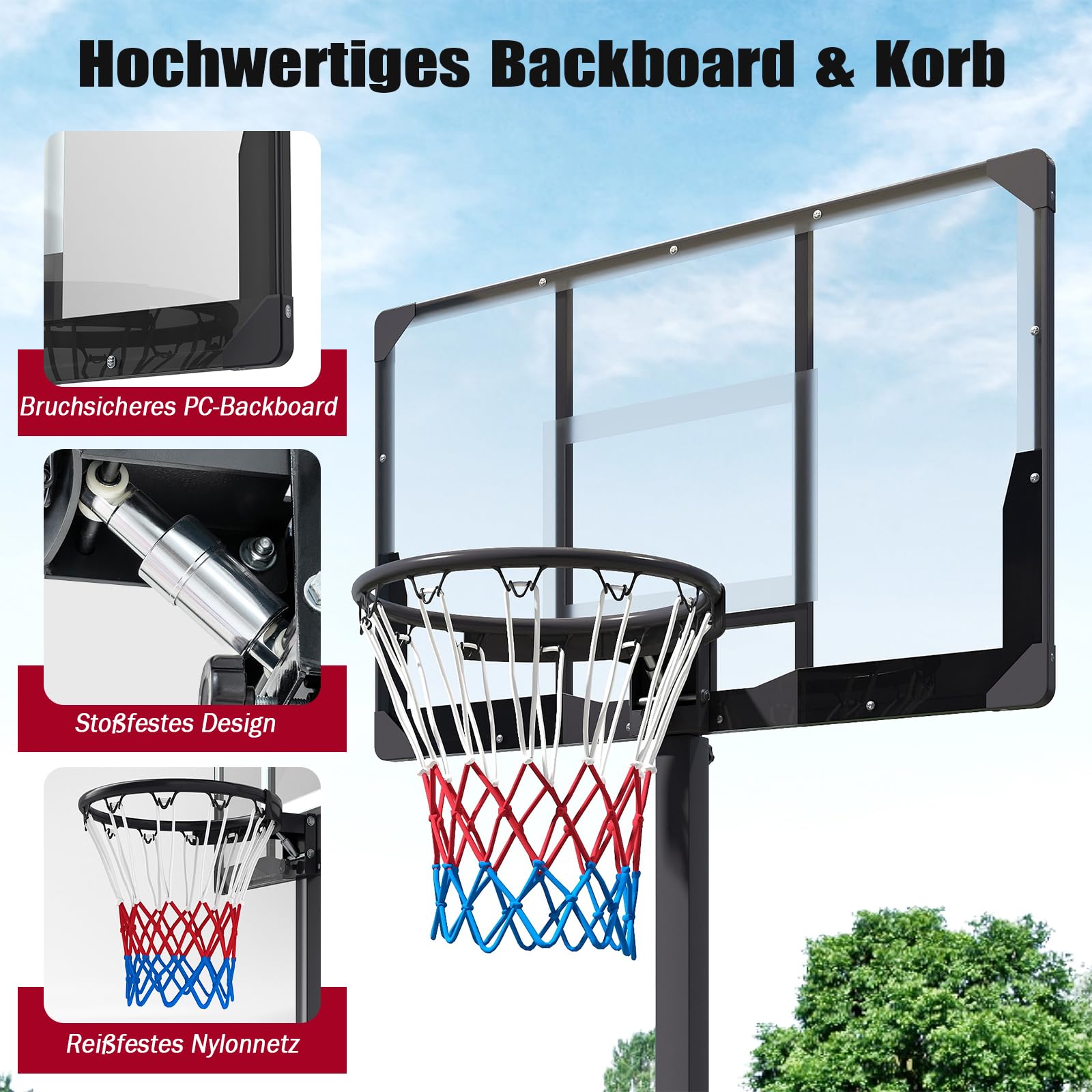 COSTWAY Basketballkorb Outdoor, 130-305cm höhenverstellbar, mobiles Korbsystem mit Ballaufbewahrung