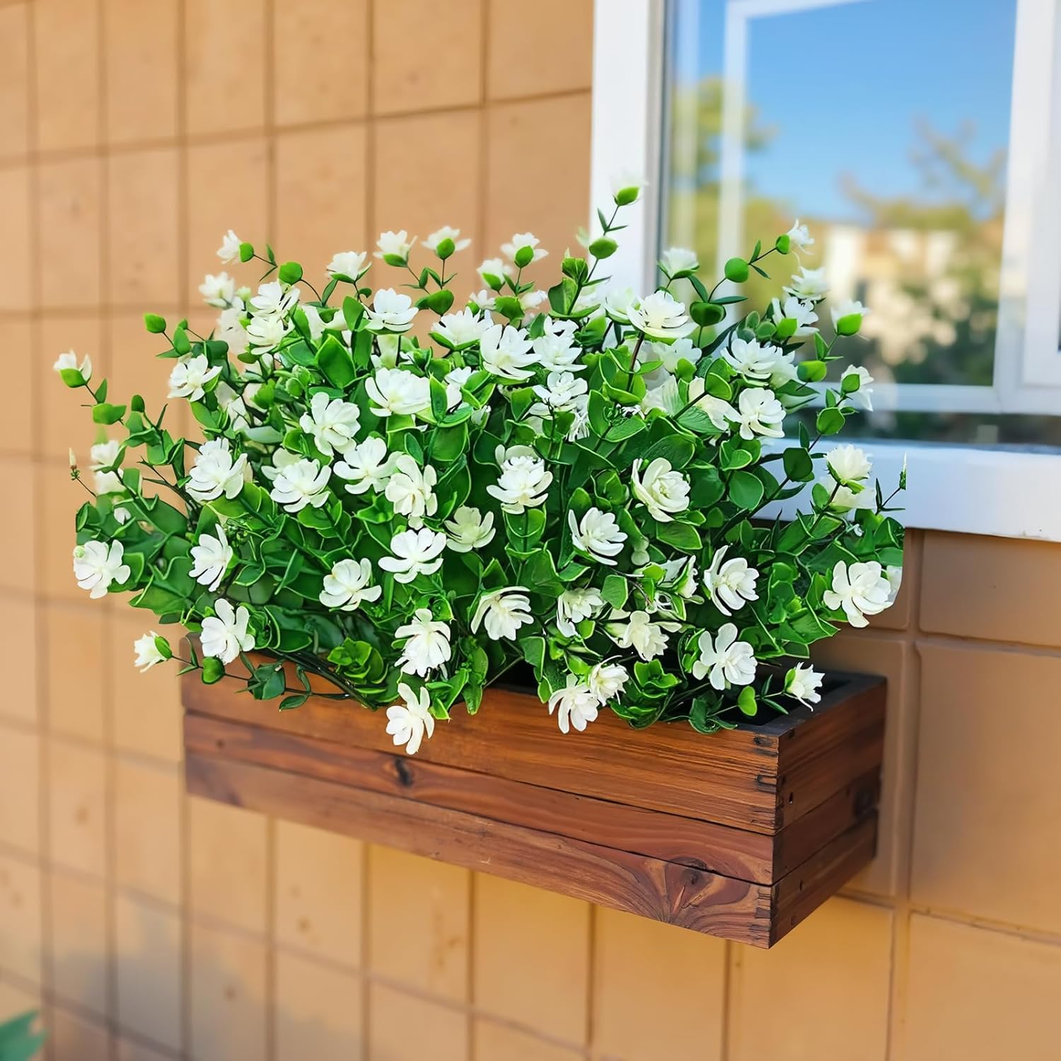UV Resistant Artificial Flowers, Realistic Fake Bouquets for Outdoor Hanging Baskets, Weatherproof Faux Plants for Balcony Porch Garden No Fade No Maintenance (White-10pack)