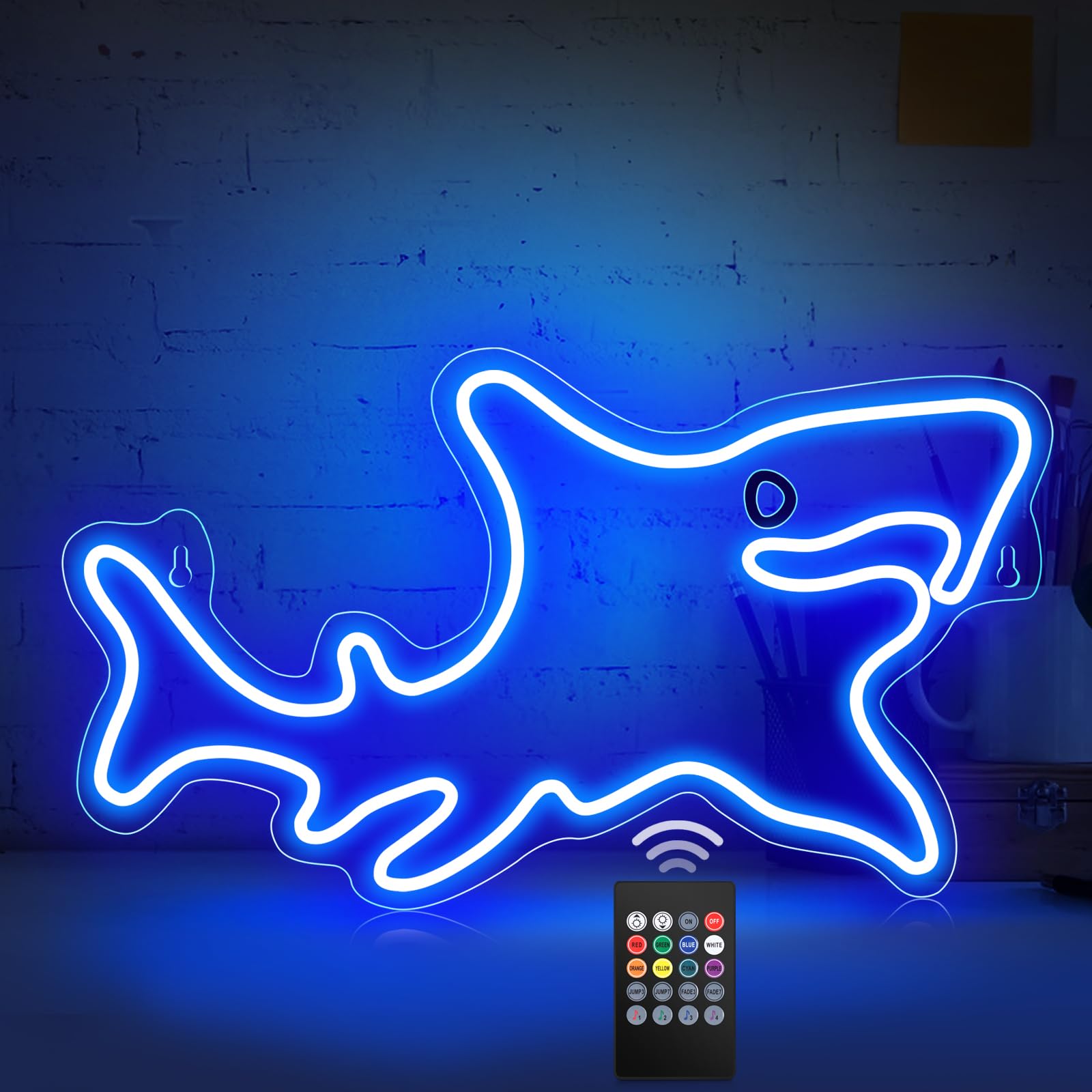 Elstey Letrero de neón de tiburón, luces LED RGB de neón con control remoto, luces acrílicas de tiburón para decoración de pared, letrero iluminado para regalos de Navidad, dormitorio, decoración de
