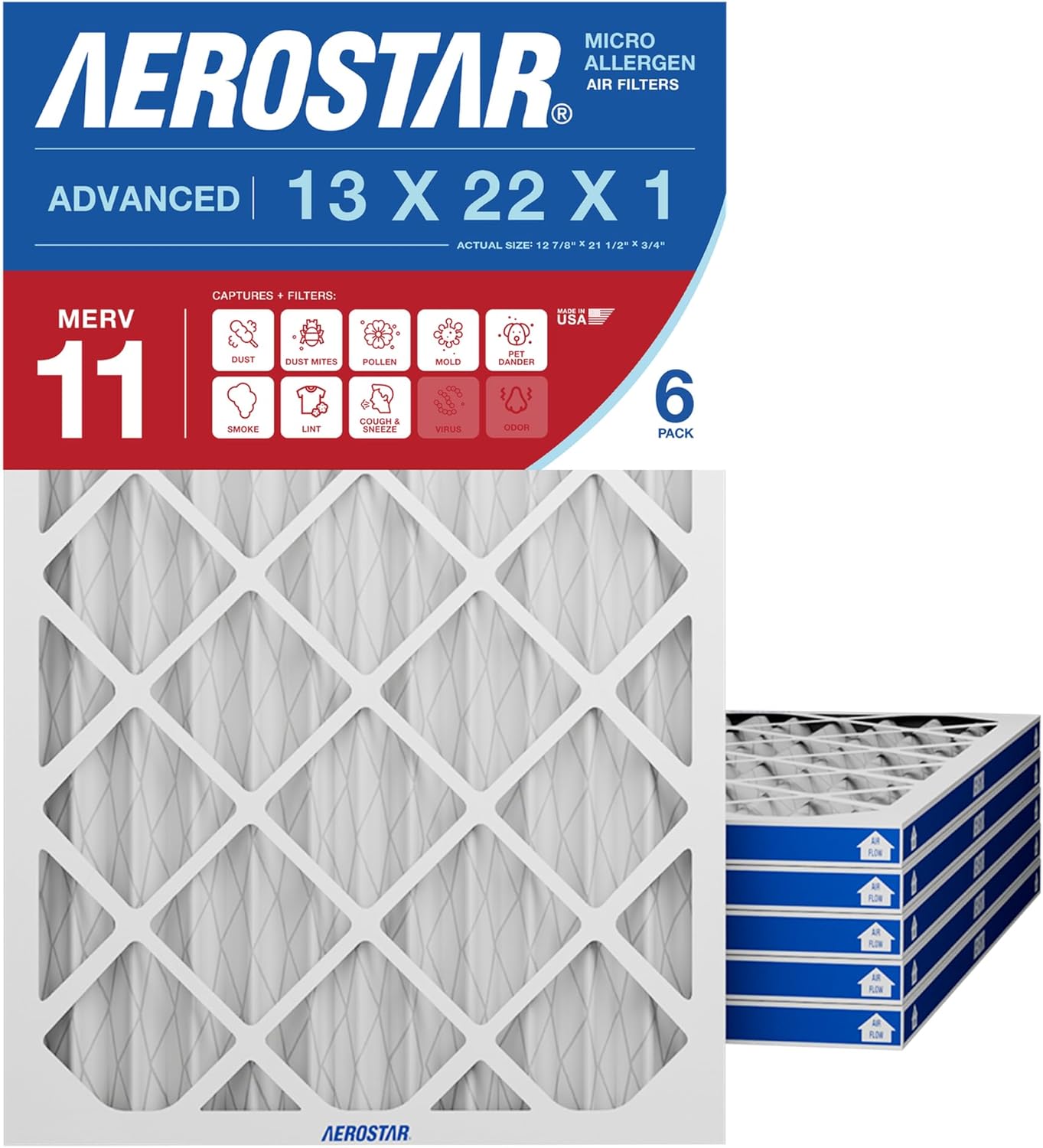 Aerostar 13x21x1 MERV 11 Pleated Air Filter, Allergy and Pet Dander Protection (6 Pack), Actual Size: 12.88x21.5x0.75