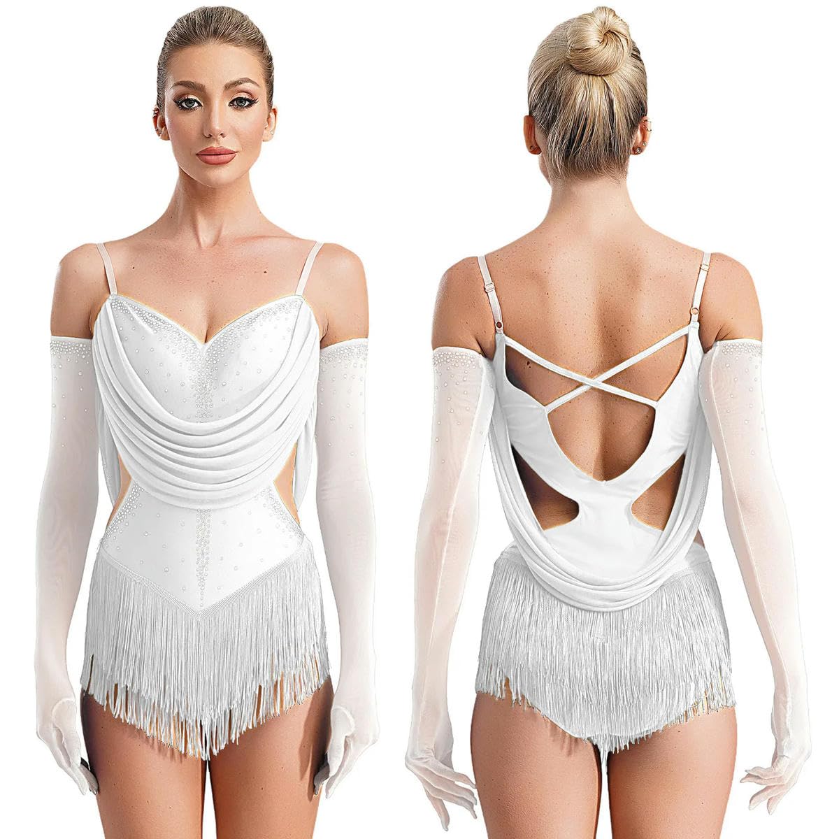 Body da donna con nappa, per danza latina, tango, cha-cha, pattinaggio, ginnastica, performance, avorio, S
