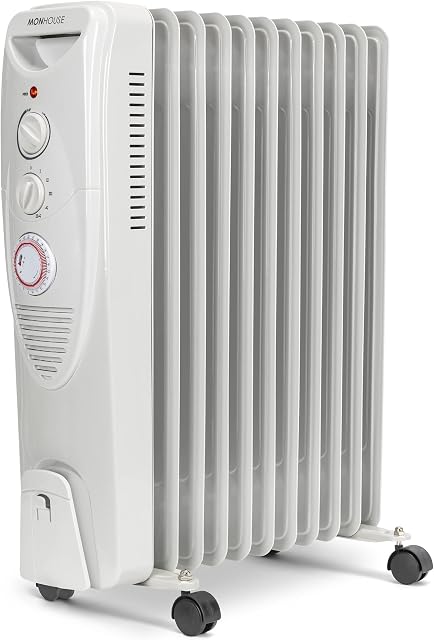 MONHOUSE Oil Filled Radiator  Plug in Portable Electric Heater  5 Power Settings, Adjustable Temperature/Thermostat - Thermal Safety Cut Off, 24 Hour Timer & Fan  11 Fins 400W Up To 2900W - White