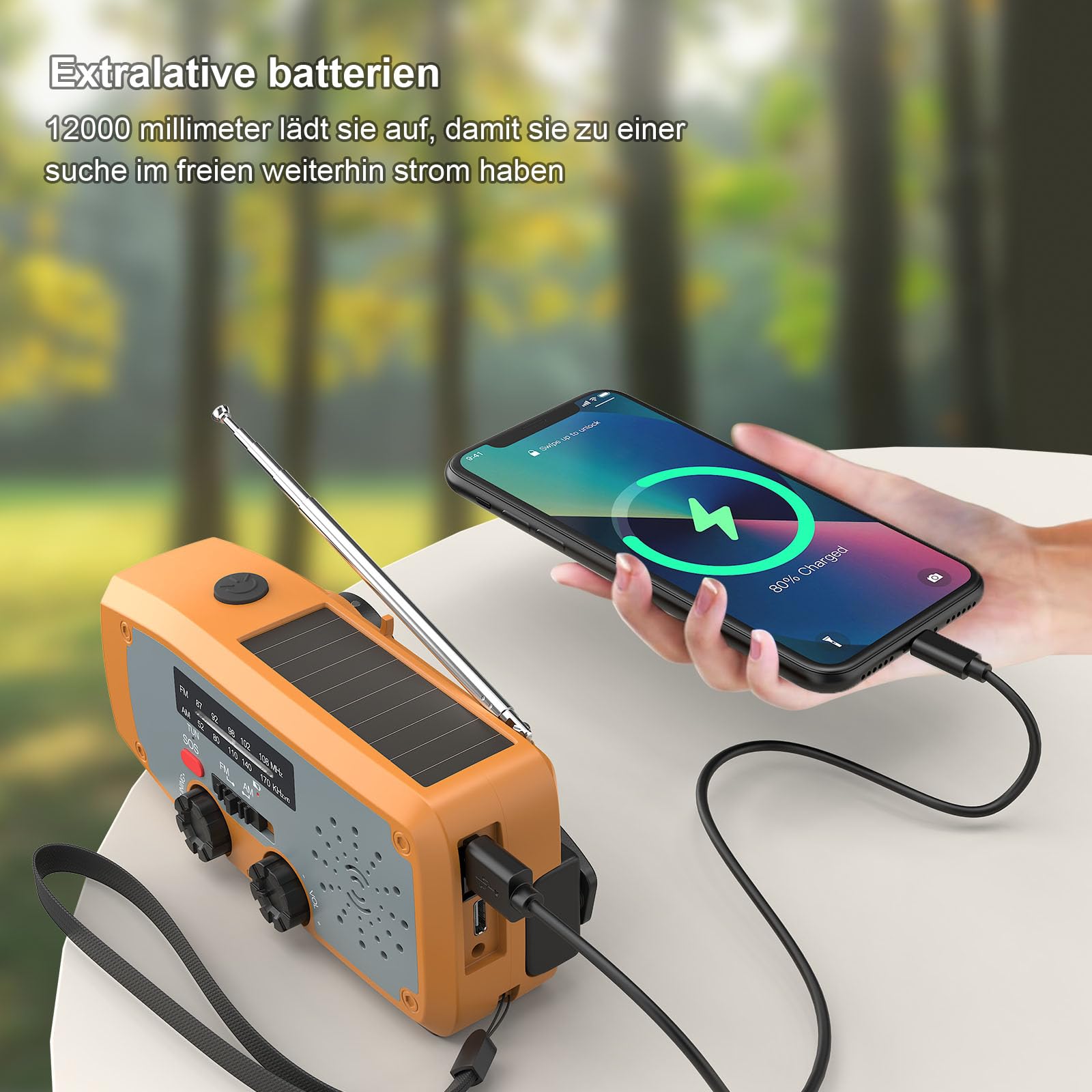Radio a Manovella, Radio di Emergenza Solare con Torcia a LED, Allerta SOS, AM/FM Radio Solare con Power Bank da 2000 mAh per Campeggio Emergenze, Arancione