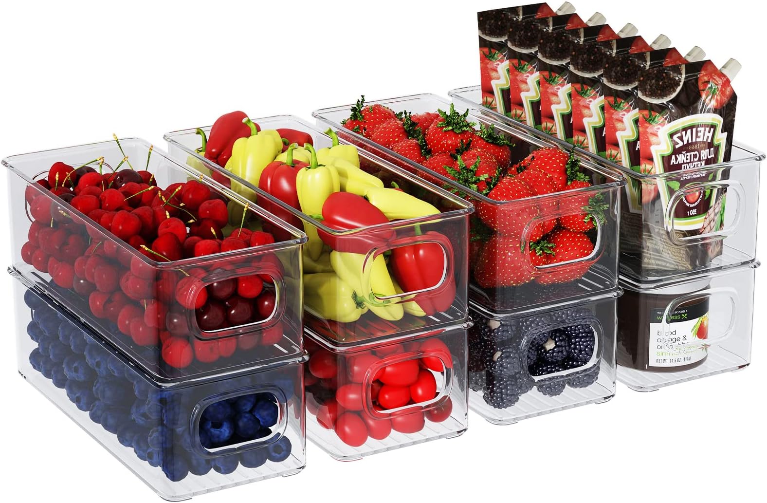 Polegas Fridge Organiser Set, 8pcs Stackable Storage Organizer, Clear Cupboards Organisers Bins with Handles for Kitchen, Freezer, Pantry - BPA Free Containers