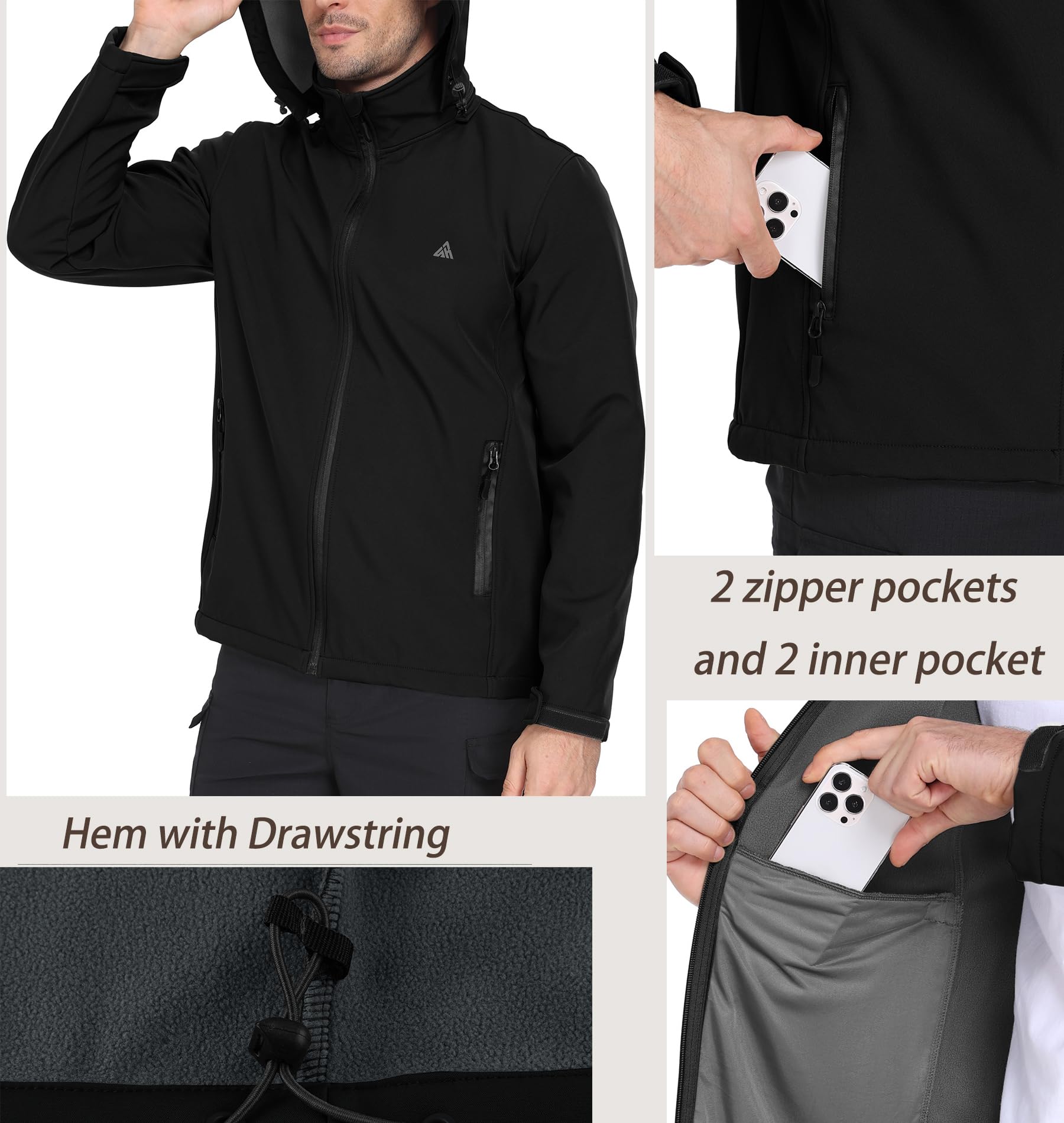 ZITY Veste de Randonnée Homme Polaires Veste Softshell Blousons Chaude à Capuche Hiver Manteaux Imperméables avec Poches pour Camping Pêche