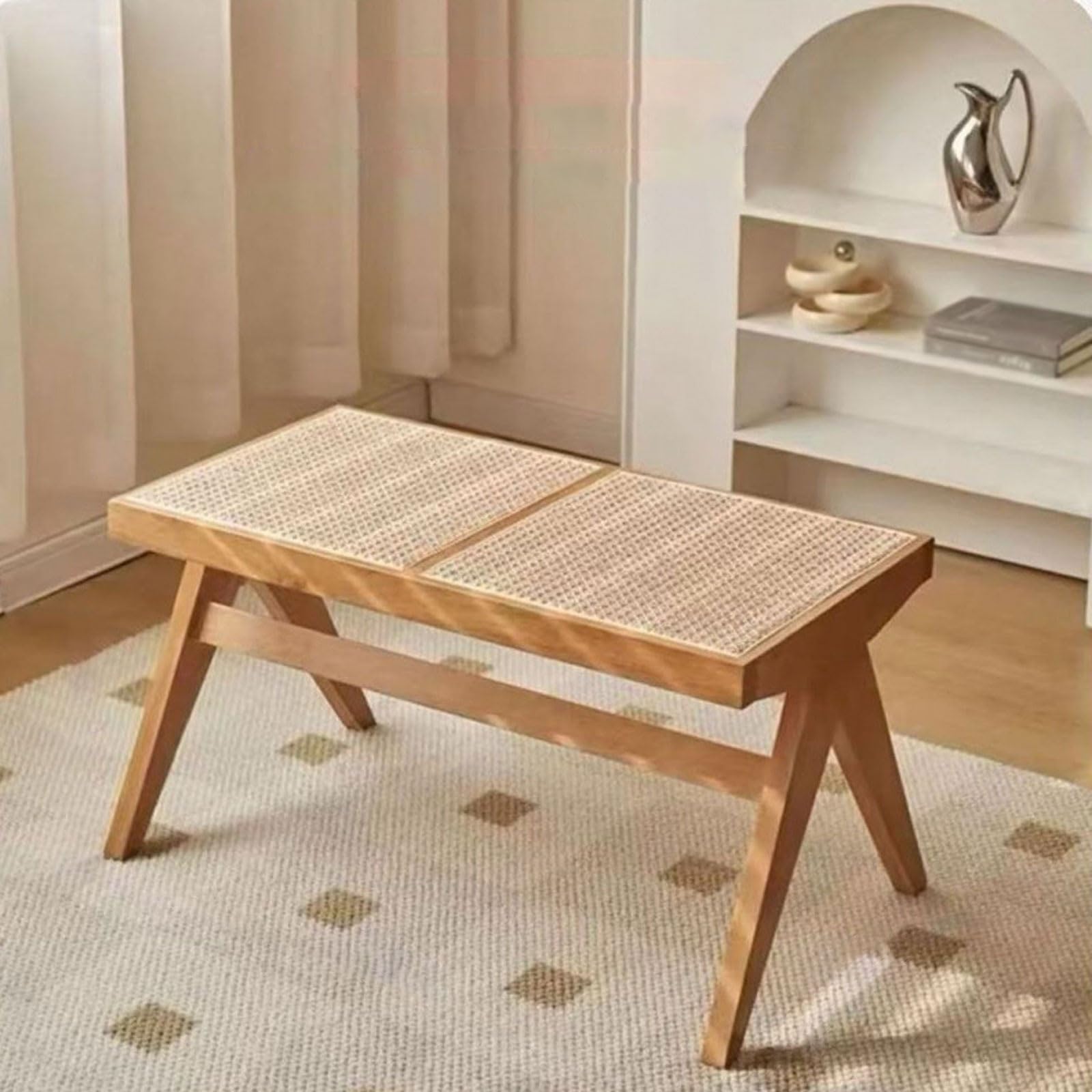 Banco Entrada Recibidor Seduta Doppia Lunga In Vimini Robusto Madera Sin Respaldo para Pasillo, Baño, Cocina, Dormitorio(Cherry)
