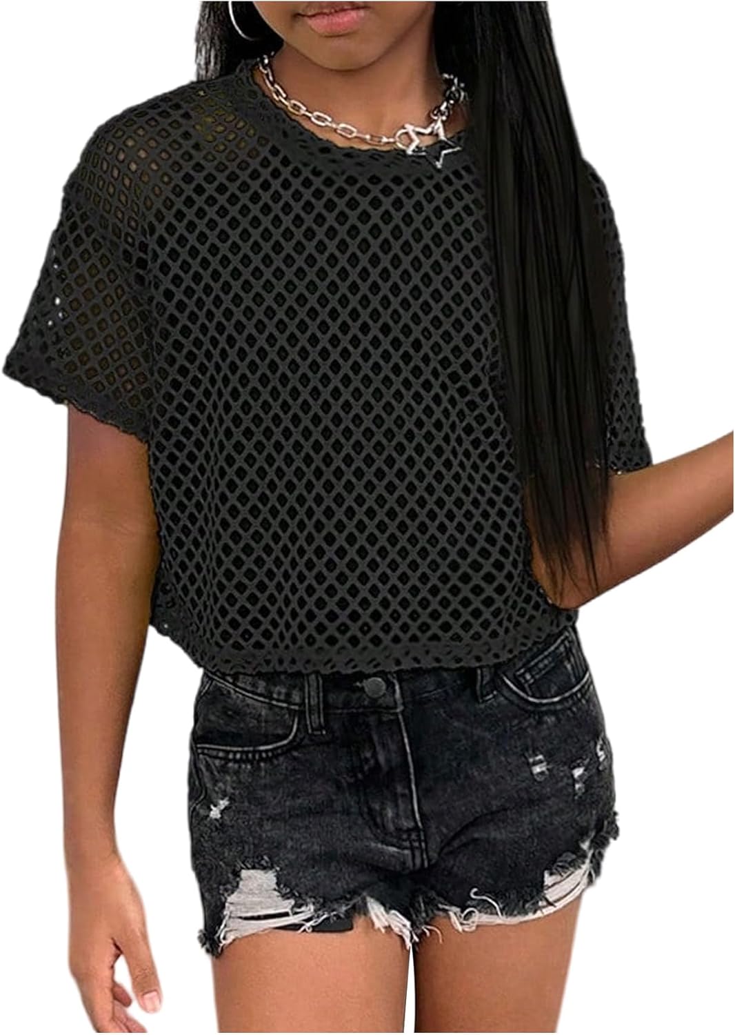 SweatyRocks Girl's Sheer Mesh Fishnet Workout Top Hollow Out Short Sleeve Sports T Shirt