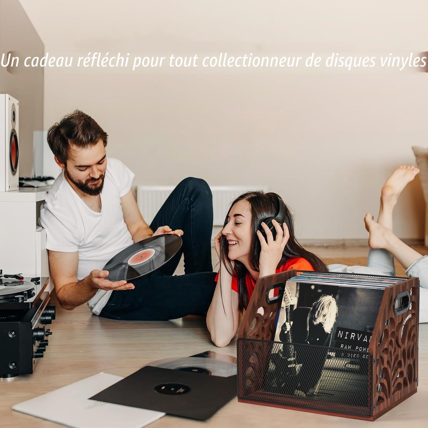 Support de rangement vintage en bois pour disques vinyles - Pour 70 disques vinyles