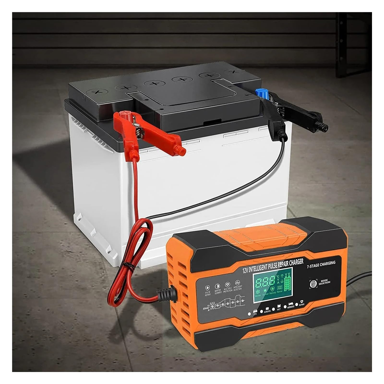 Ładowarka Samochodowa 12V 12A 10A 240W 180W W Pełni Automatyczne Akumulatory Samochodowe 7-stopniowa Naprawa Impulsu Ładowania Dla AGM GEL MOKRY Kwas Ołowiowy(12 to 24V 10A Red)
