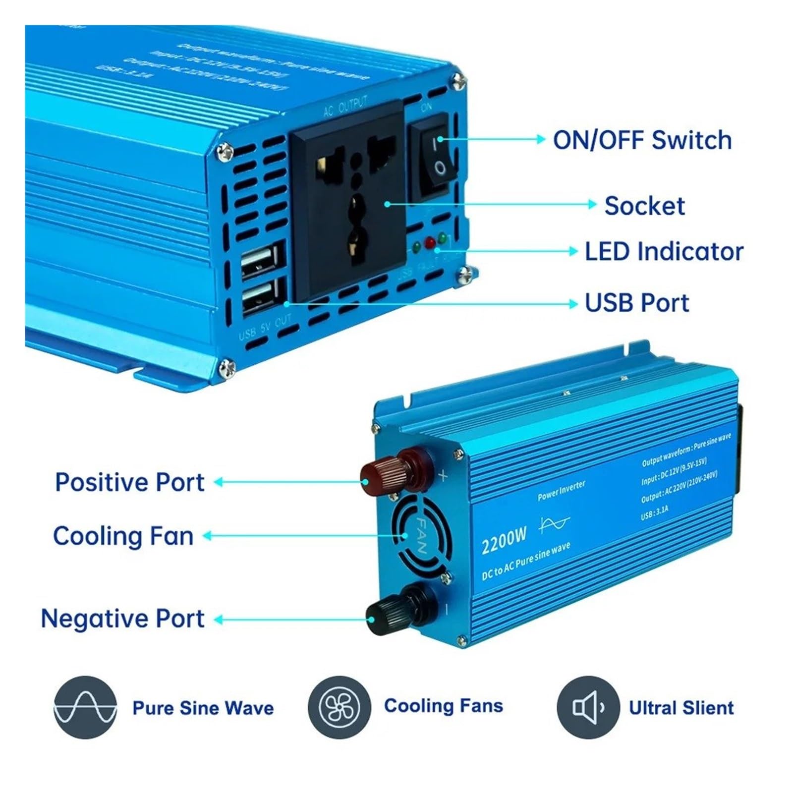Power Inverter Inversor Corriente Onda Sinusoidal Pura 1000W/1500W/2200W CC 12V/24V A CA 220V Convertidor Voltaje para Adaptador Carga USB Dual Convertidor(12V,1000W 50Hz Uni)