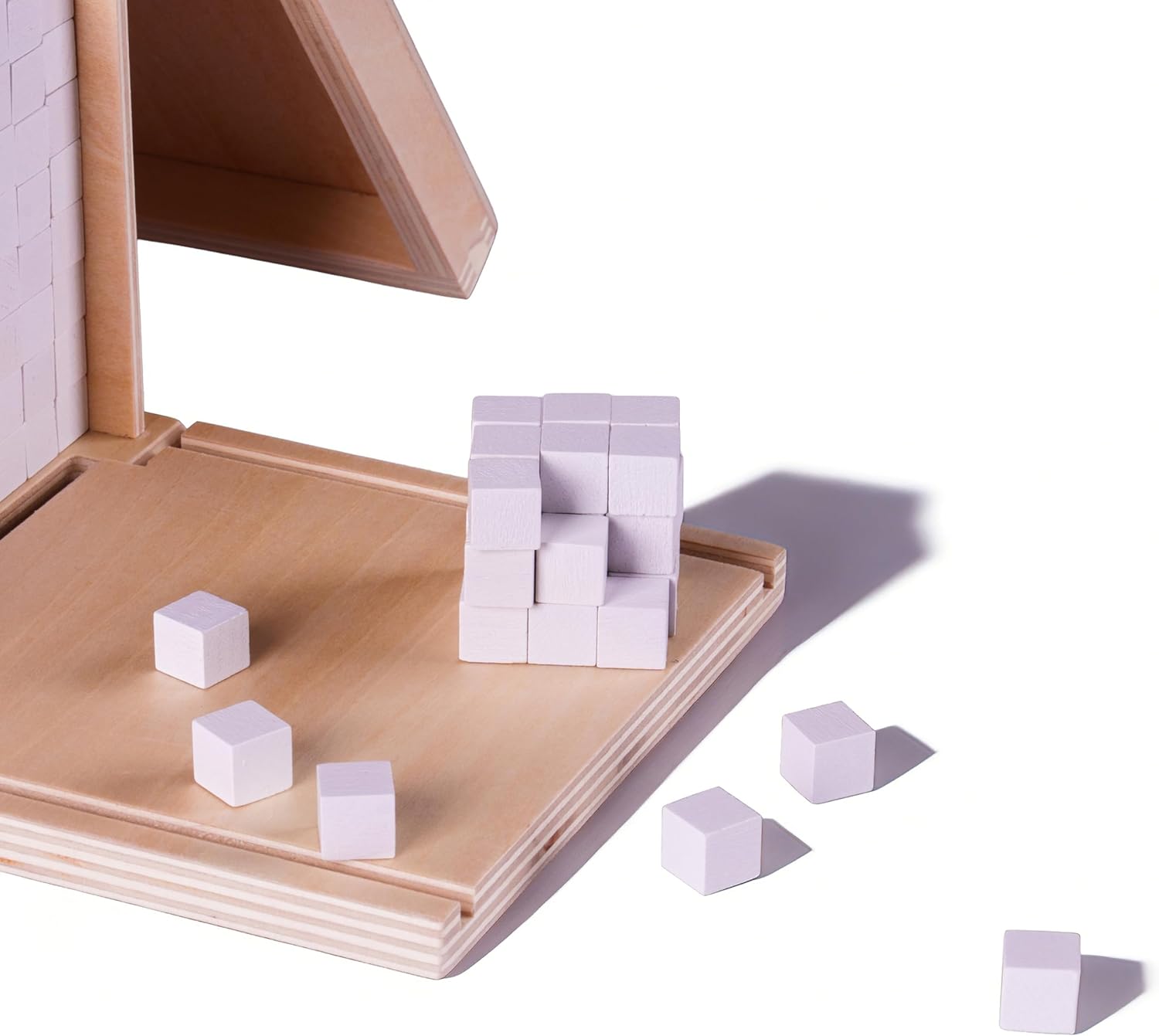 Premium Montessori Volume Box with 1000 Cubes – Solid Beechwood, 1000 White Unit Cubes, Pink Tower Extension Material for Volume Measurement Decimal System, Math Manipulative Homeschool Ages 4-9