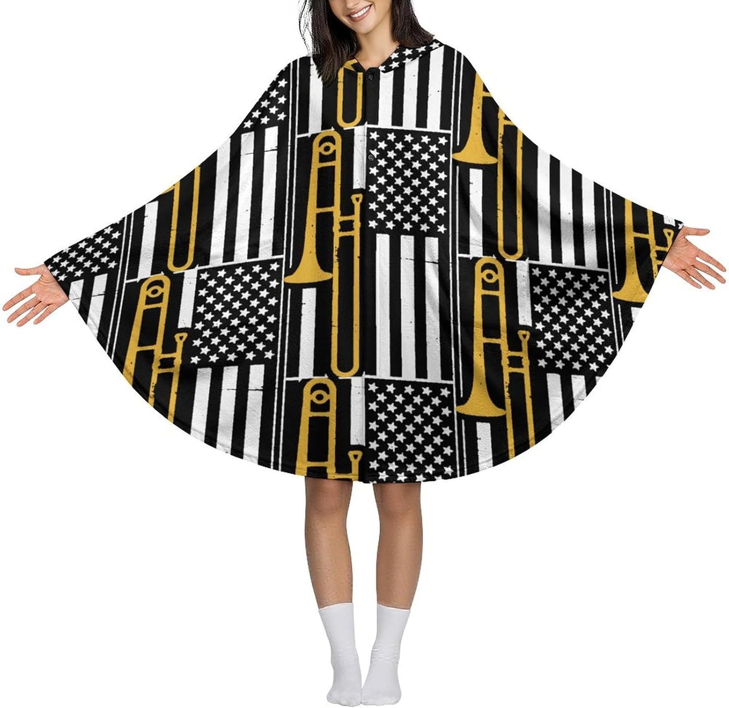 United States Flag Trombone Wearable Blanket with Hooded Flannel Blankets Cape with Pocket