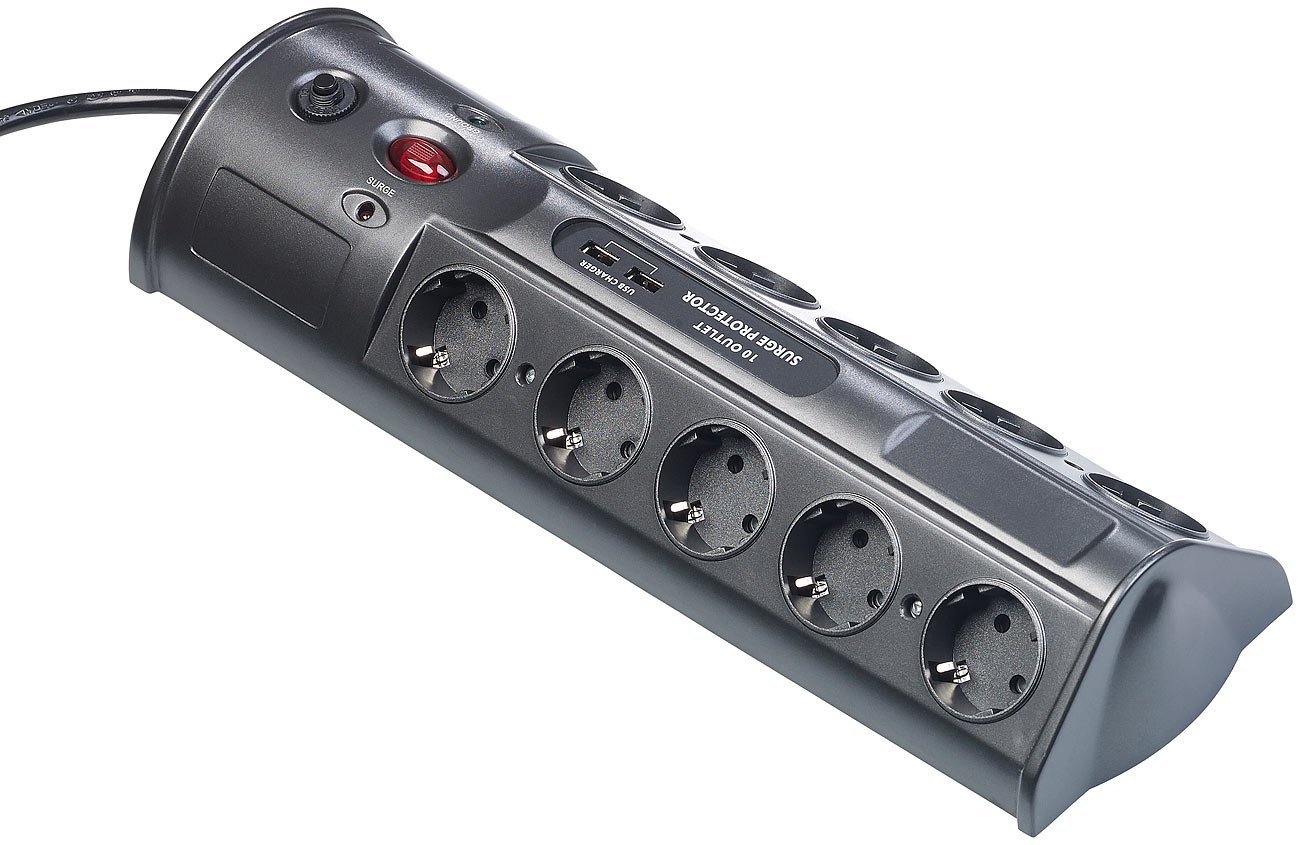 revolt Mehrfachsteckdosen: 10-fach-Steckdosenleiste mit Überspannungsschutz und USB-Ladefunktion (PC Steckdosenleiste, USB Steckerleiste, iPad)