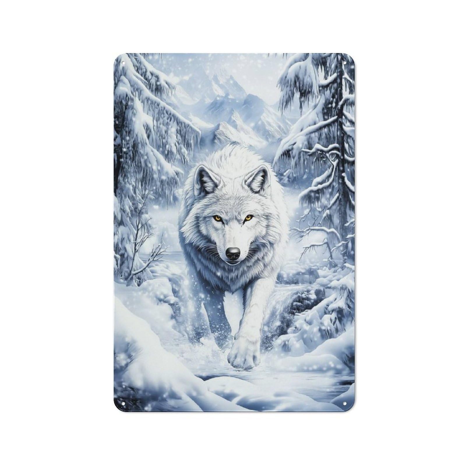 Vintage White Wolf in Winter Metal Wall Sign 30x20cm, Shed Wall Plaque for Garage, Workshop, Shed Or Utility Room
