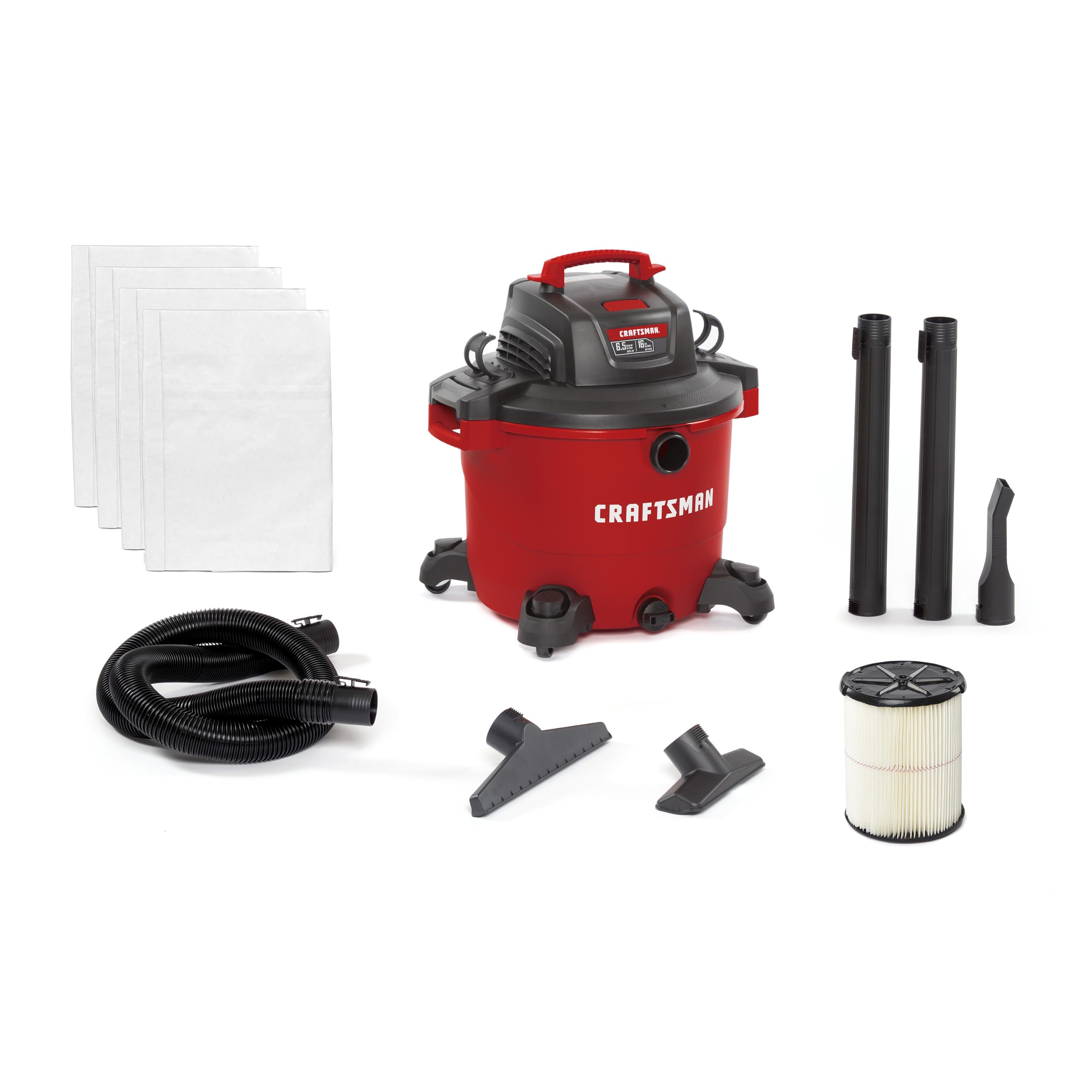 CRAFTSMAN CMXEVBE18595 16 Gallon 6.5 Peak HP Wet Dry Vac, Heavy-Duty Shop Vacuum Wet and Dry with Filter, 4 Dust Bags, Hose and Attachments for Home Projects & Renovations