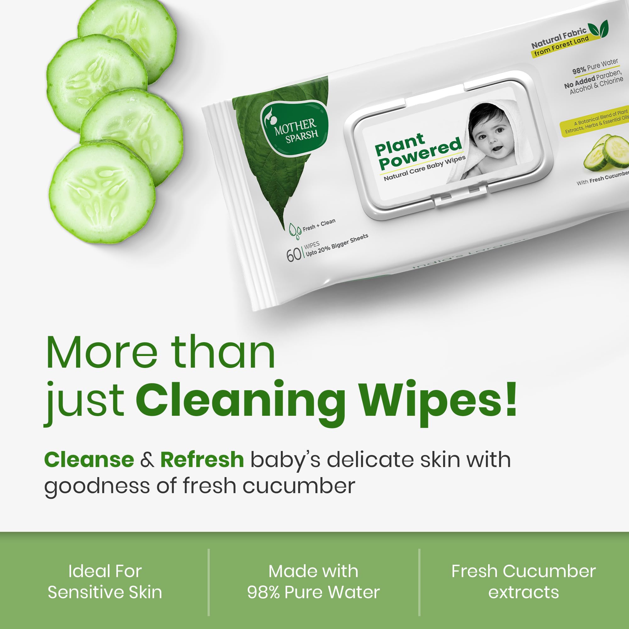 Mother Sparsh Toallitas para bebés de cuidado natural 60 piezas (paquete de 8) I 100% tela vegetal hecha de tierras forestales | Fresco+Limpieza (con pepino) toallitas húmedas vegetales para bebé I