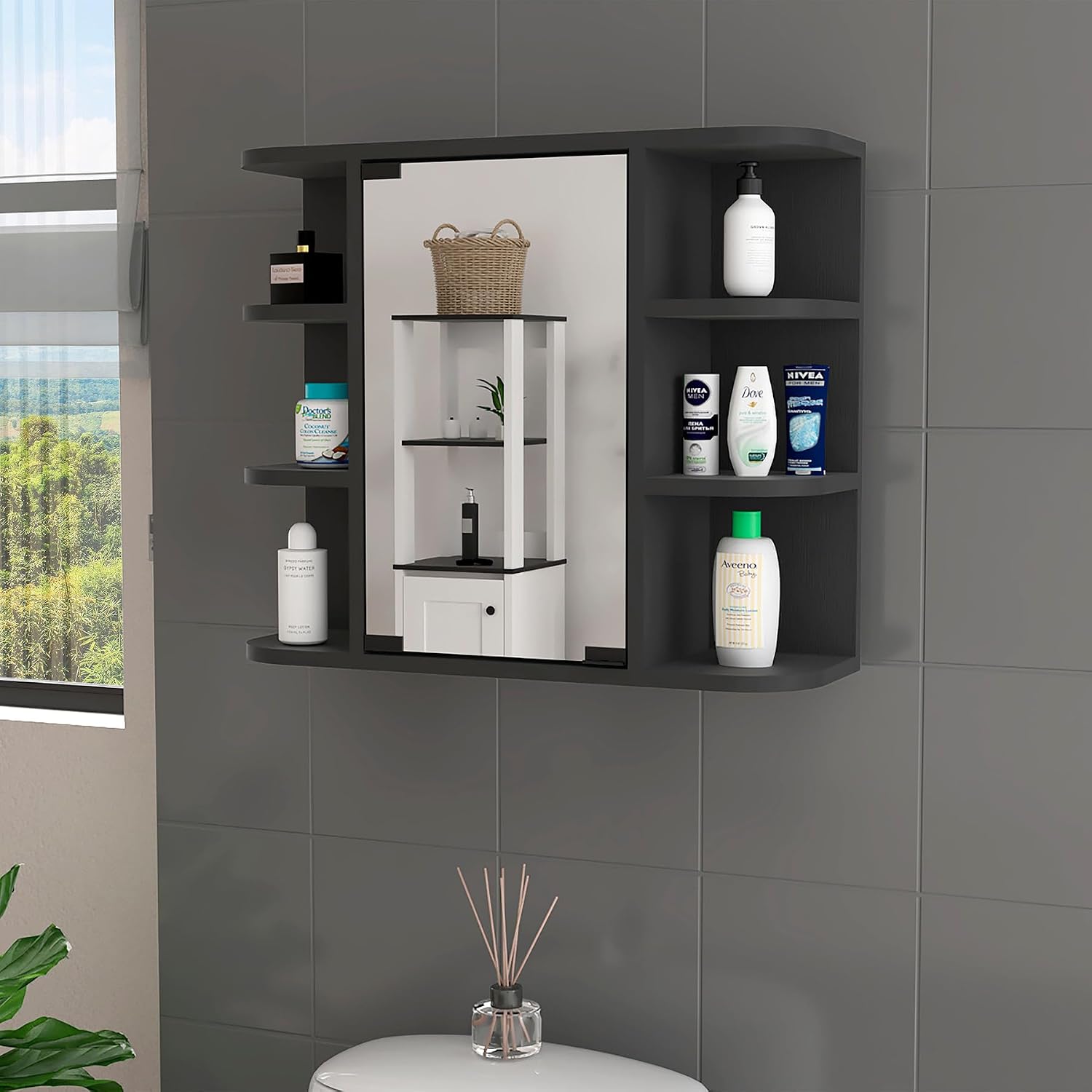 Bathroom Medicine Cabinet with Mirror Door, Modern Bath Mirror Cabinet Wall Mounted Storage Cabinet for Bathroom, Living Room, Laundry & Bedroom (Black)