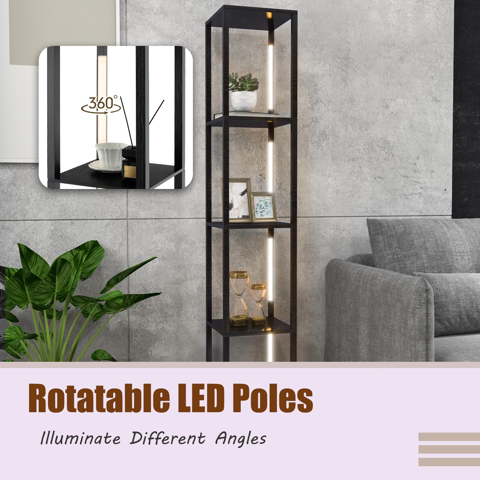 HOMASIS Lampada da Terra a 4 Ripiani in Legno, Piantana Led con 3 Livelli di Luminosità Regolabili, Angoliera Soggiorno con Palo Luminoso Rotabile a 360° per Salotto, 29 x 29 x 163 cm (Nero)