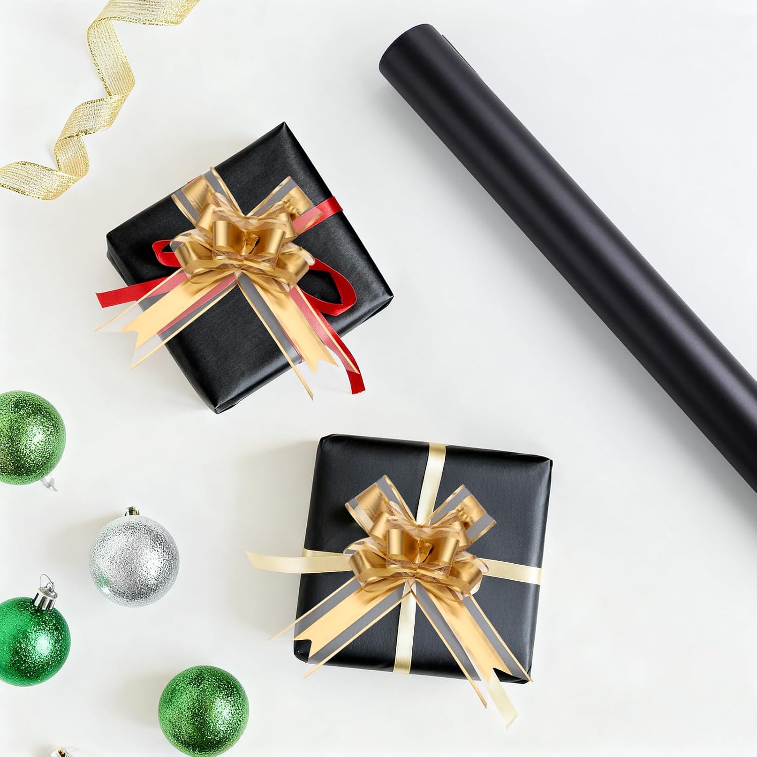 EUSOAR Black Gift Wrapping Paper, 2 Rolls(17 in x 32.8ft Each) Solid Color Matte Gift Wrap with 20pcs Gold Pull Bows, Gifts Wrapping Paper Crafts DIY Bouquet Packaging for Wedding Birthday Party