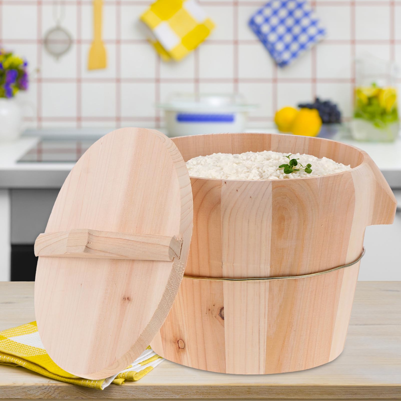 OUNONA Secchio per Riso al Vapore in Legno di Cedro Beige con Manico Laterale e Coperchio, Design Anti-scottatura e Fondo Mobile per Cucina Domestica