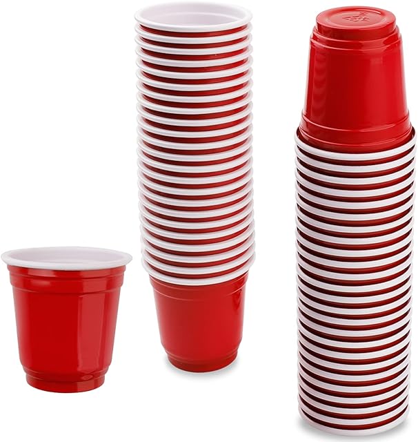 Lanjue 50 Pcs Red Shot Glasses, 2 oz Small Plastic Reusable Party Cups Medicine Cups Mouthwash Cups for Party Game Picnic BBQ Travel and Events