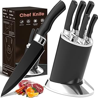 Messerblock Set 7pcs Schwarz, Kochmesser Set Scharf Edelstahl, Messerblock mit Messer, Profi Küchenmesser Set, mit Waschlappen und Geschenkboxen