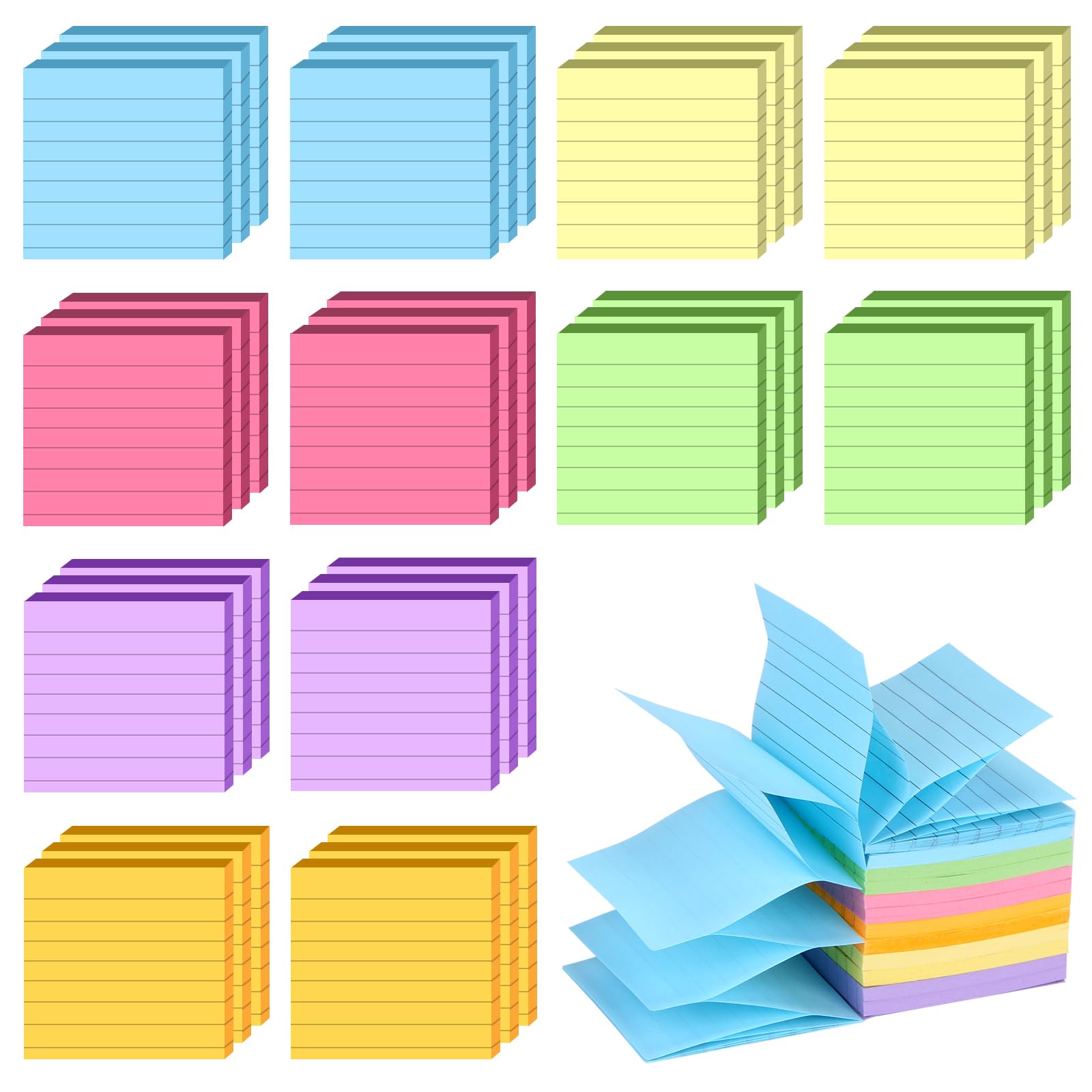 36Pads Pop Up Sticky Notes, Accordion Sticky Notes 3x3 Refills Lined Pastel Sticky Note with Lines 1800 Sheets Adhesive Memo Note Post Stickies Pop Up