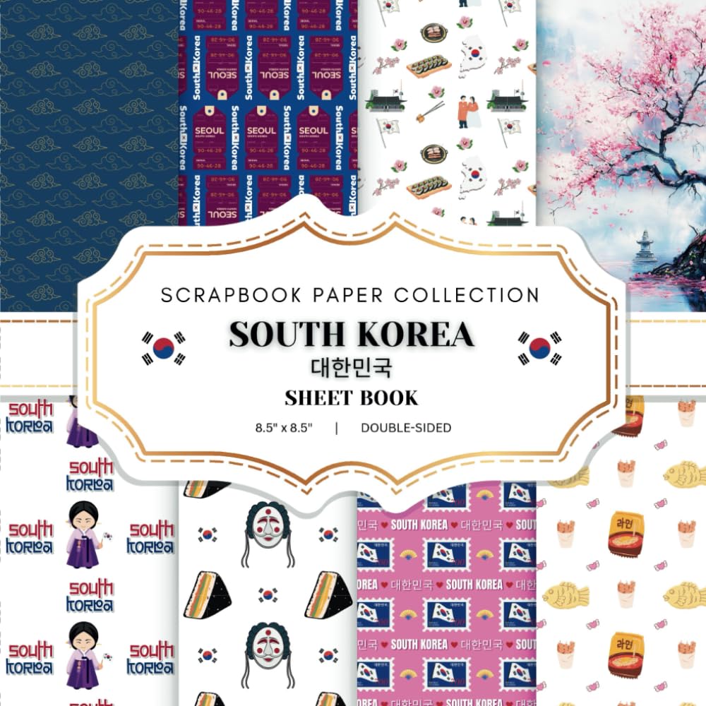 South Korea Scrapbook Paper Collection: 20 Double-Sided Sheets, 8.5 x 8.5 Travel Craft Paper for Scrapbooking, Junk Journaling, Crafting, and More