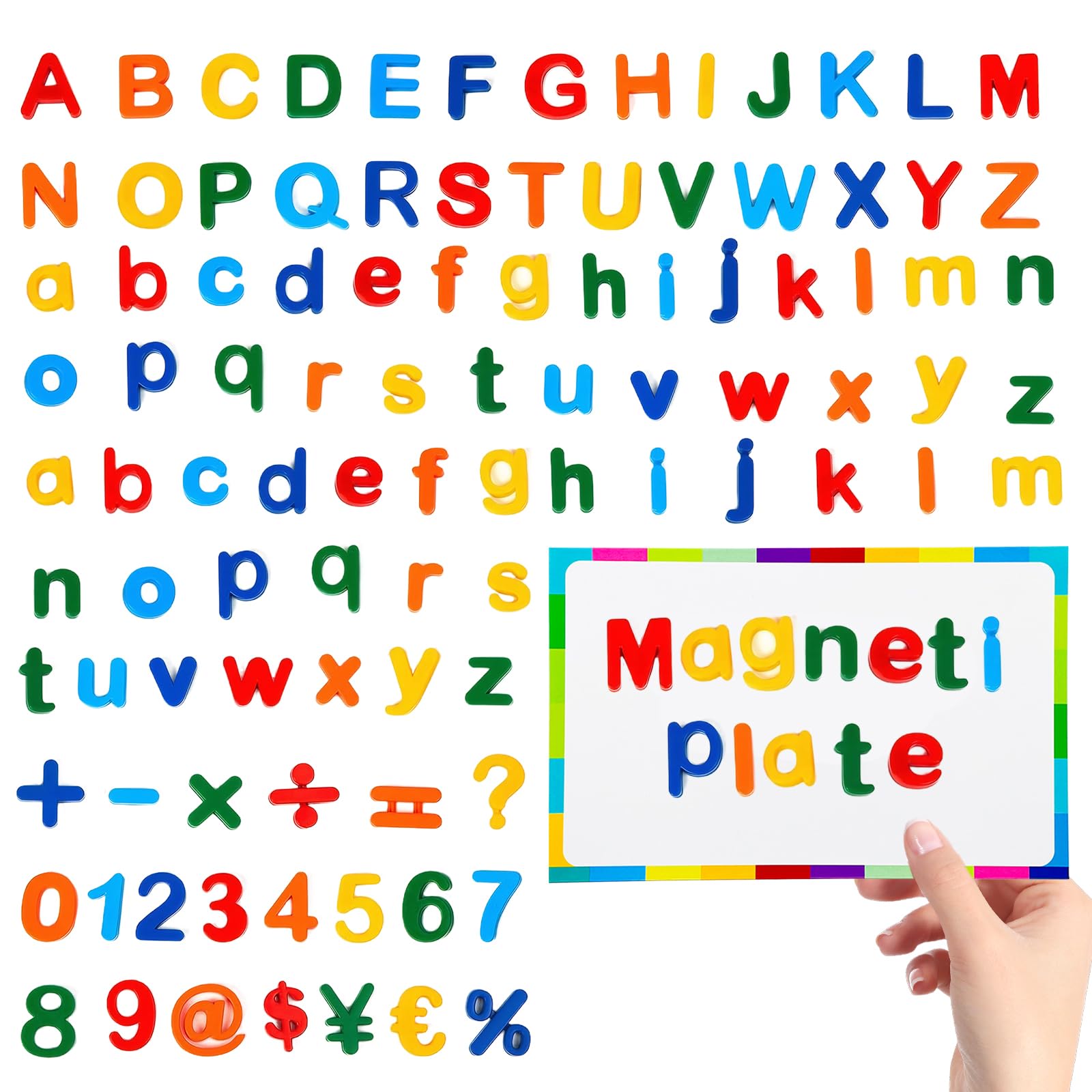 115 PCS Magnetic Letters and Numbers for Children, Alphabet Letter Fridge Magnets for Kids, A-Z Uppercase & Lowercase with 1 Magnetic Plate, Math Symbols Preschool Learning Counting