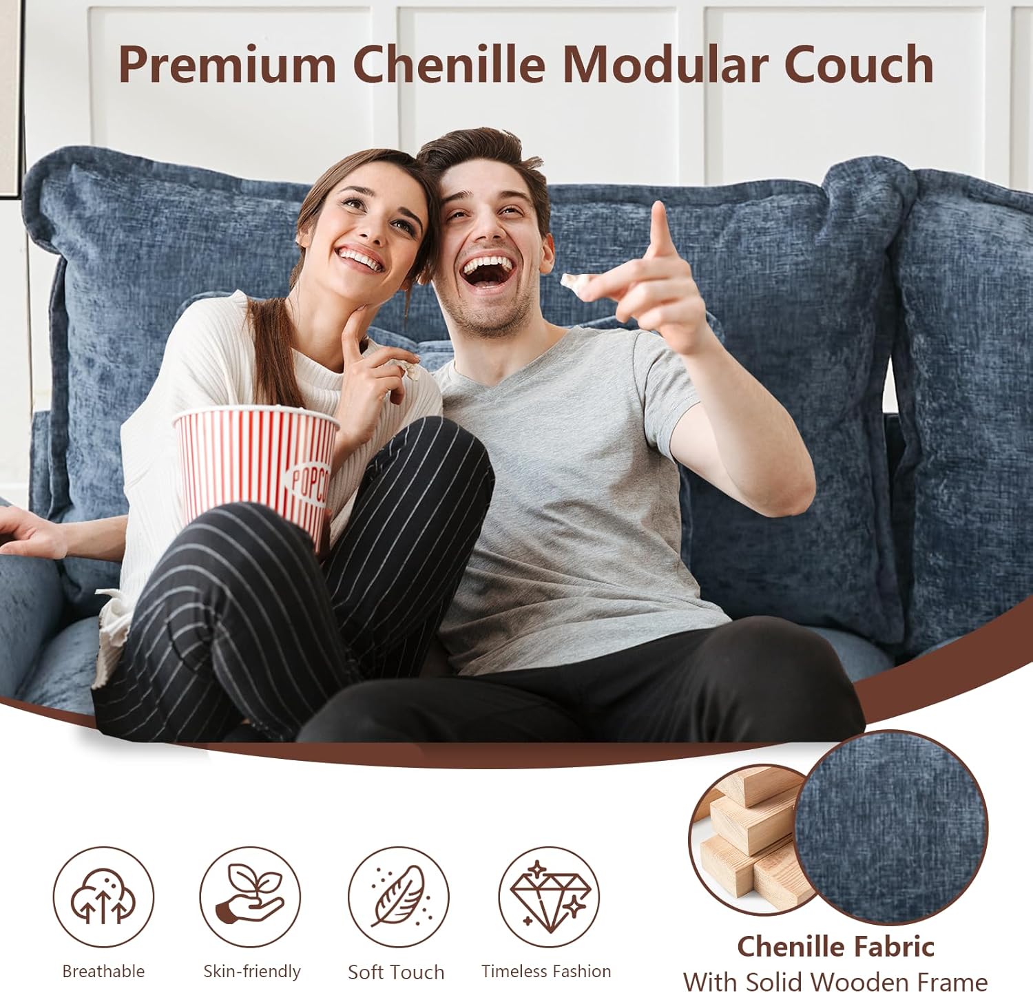 Modular Sectional Sofa, Cloud Couch with Ottoman, Deep Seat L Shaped Chenille Sofa Couches for Living Room Apartment (Blue, Loveseat & Ottoman)