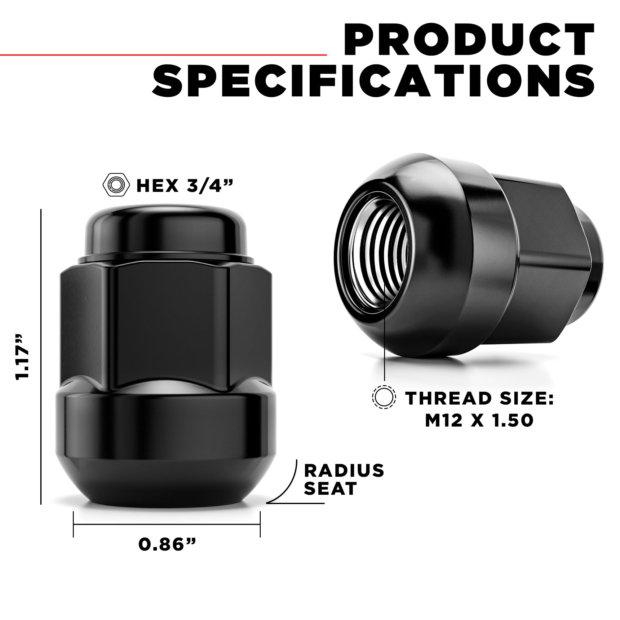 White Knight M12x1.5 Lug Nuts for Select Honda and Acura, Factory Style (Black Chrome) Radius Seat – WN20107BK-20AM (20 Pack)