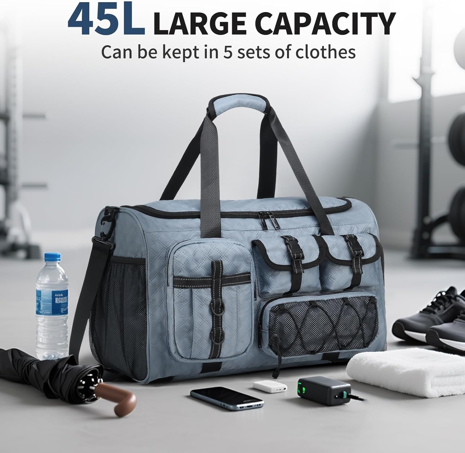 Gym Bag for Men Women, 40L Sport Duffel Bag, Anti-Theft Overnight Backpack W/Shoe Compartment for Fitness Travel, Light Blue - Image 3