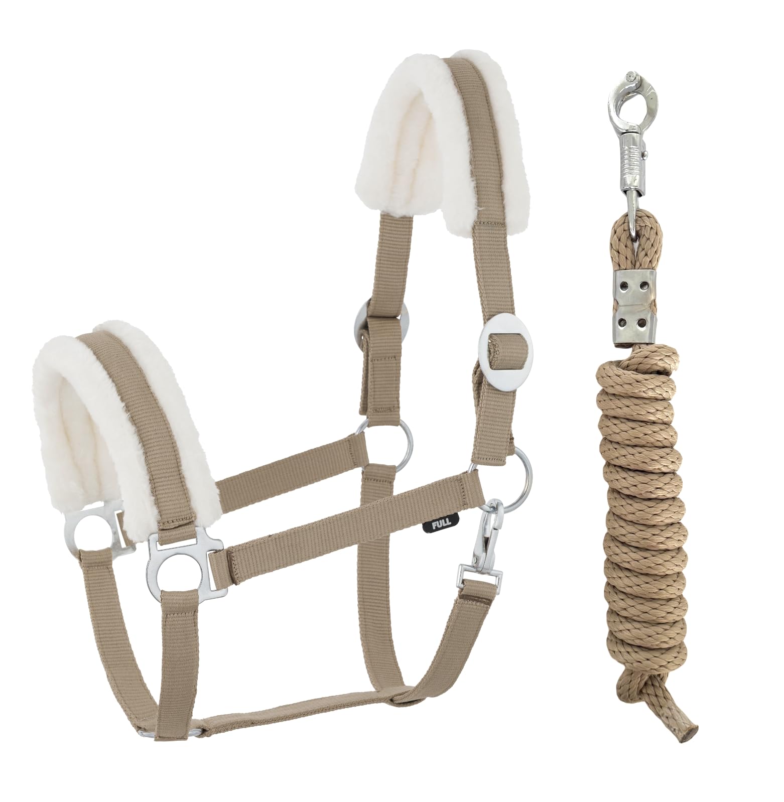 JA Horse Faux Fur Halter Lead Rope Set including Panic Hook Adjustable Horse Halter Horse Wooden Horse Tie Rope (Faux Fur Panic Hook Khaki