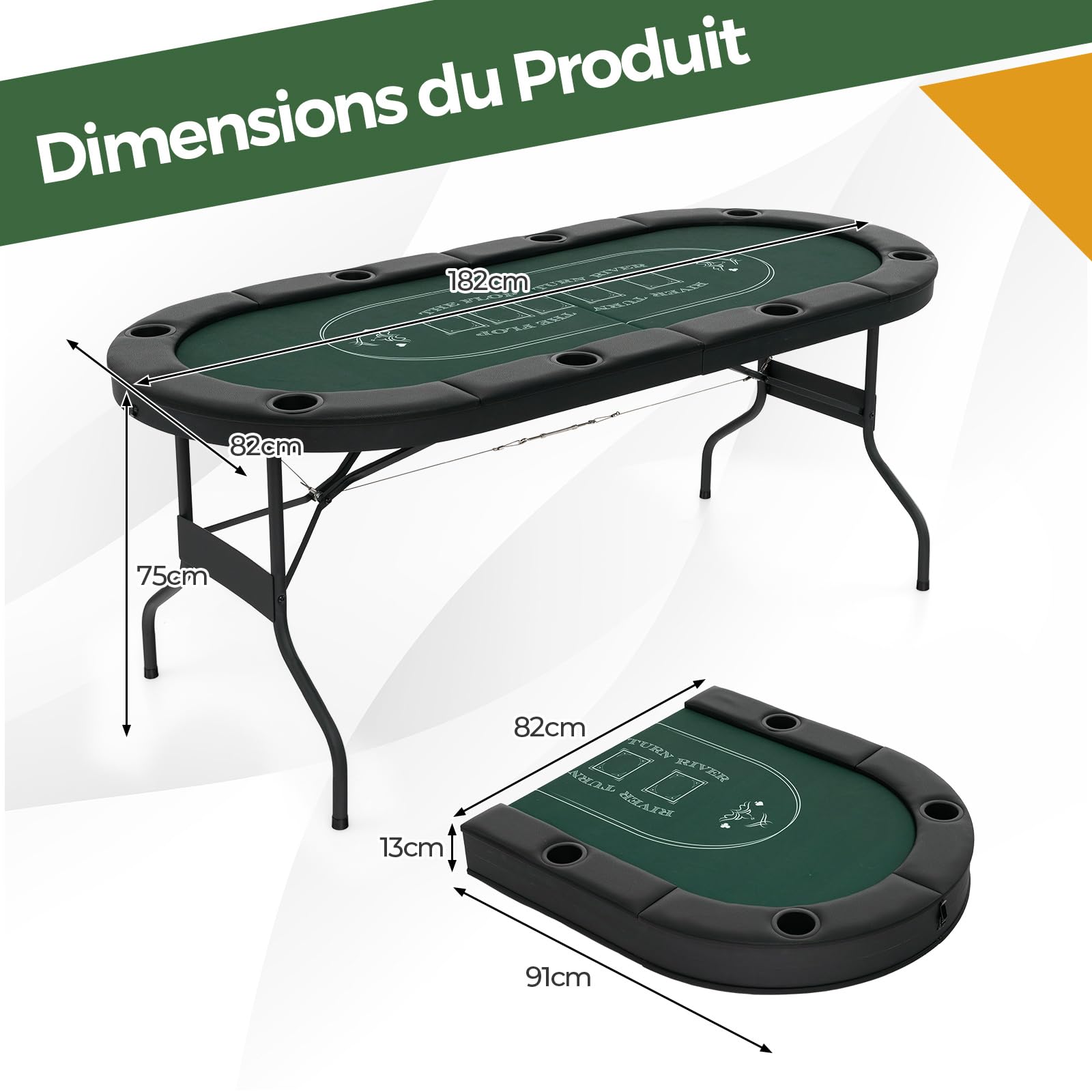 COSTWAY Table de Poker Pliable 182 cm pour 8 Joueurs, de Jeu de Cartes Avec Porte-gobelets en Métal & Rails Rembourrés, de Casino pour Salle de Jeux, Maison