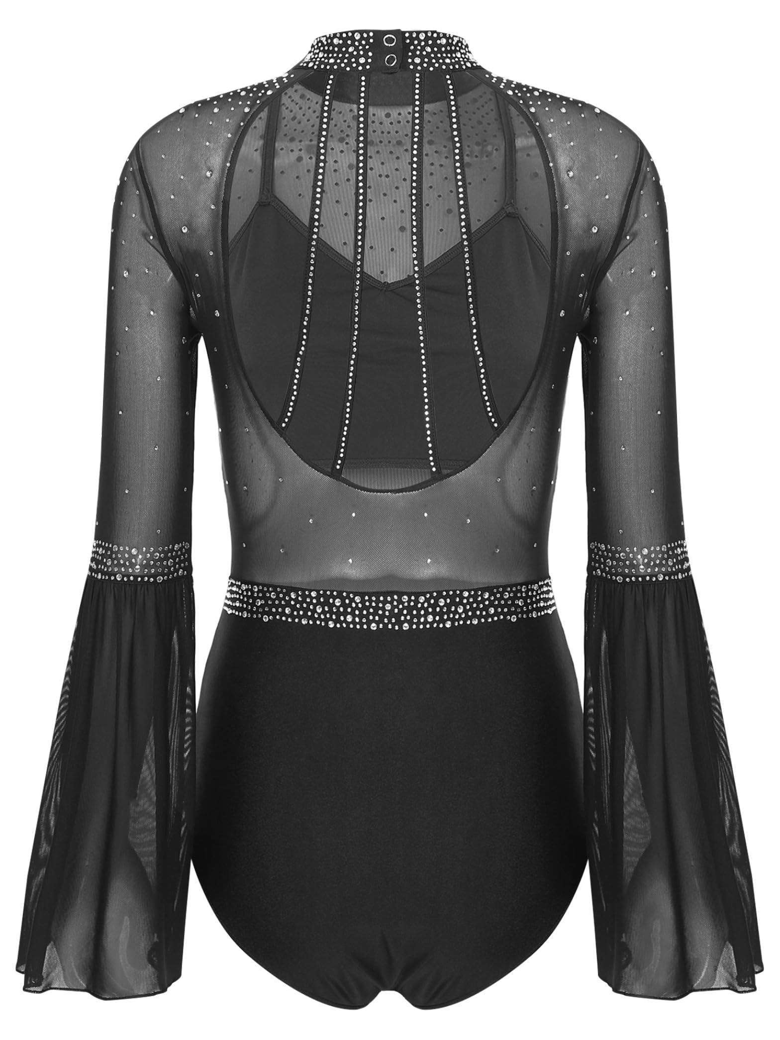 Damen Glitzer Tanzbody Sheer Mesh Tanzanzug Langarm Ballettanzug mit Strass Einteiliger Eiskunstlauf Tanz Trikotanzug