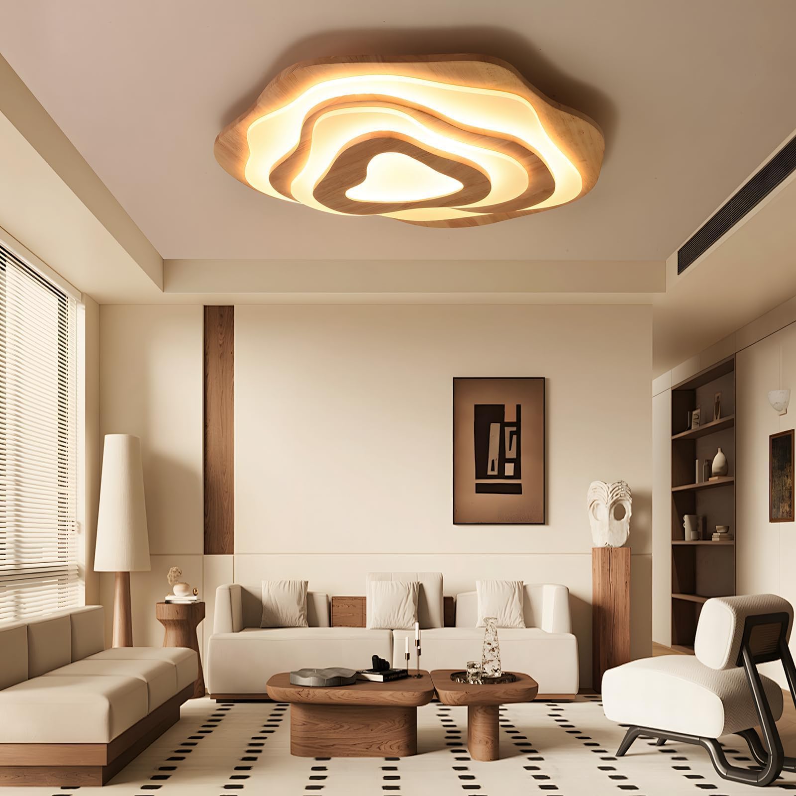 Plafoniera a LED in legno, 50 W = Ø 57 cm, 3500 lm, 3000 K-6000 K, dimmerabile, per camera da letto, soggiorno, paralume in acrilico a forma di cuore, moderna lampada da soffitto rotonda