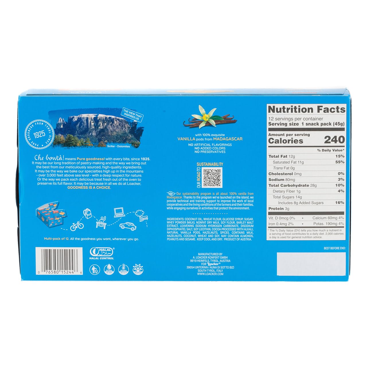 Loacker Classic Vanilla Wafers - Premium Crispy Vanilla Wafer Cookies with Cream Filling - Multipack of 12 Snack Packs - NON-GMO - Sustainably Sourced - 45g/1.59oz, Pack of 12