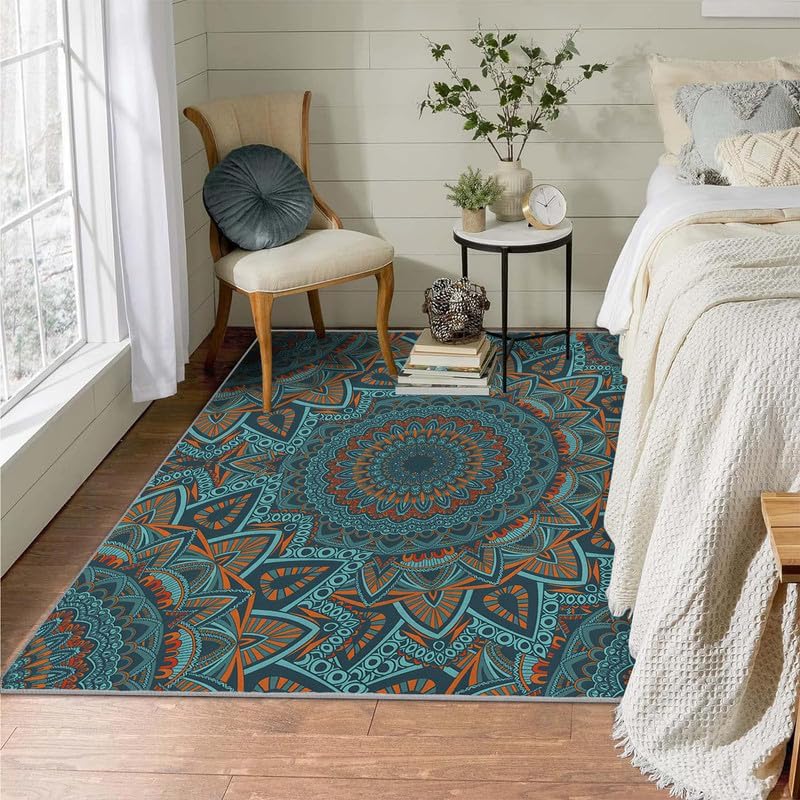 Miniatura 4 de BZRNGD - Alfombra de área retro de 5 x 8 pies, lavable, para dormitorio, sala de estar, alfombra de estampado bohemio, suave y antideslizante,