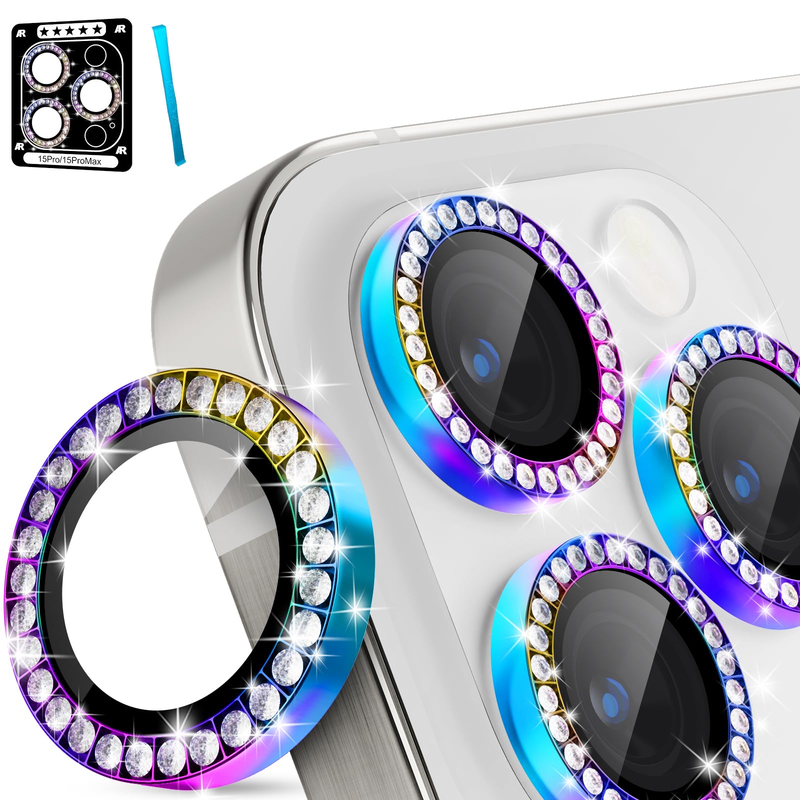 imluckiesCamera Lens Protector for iPhone 15 Pro/iPhone 15 Pro Max, Glitter Diamond Metal Individual Ring Lens Cover, Anti-Scratch HD Tempered Glass Camera Protection 2023, Colorful