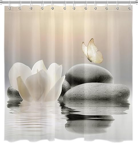 Miniatura 3 de HVEST Cortina de ducha Zen floral para baño, cortina de ducha de piedra zen y flor blanca, mariposa amarilla con ganchos, cortinas de baño modernas,