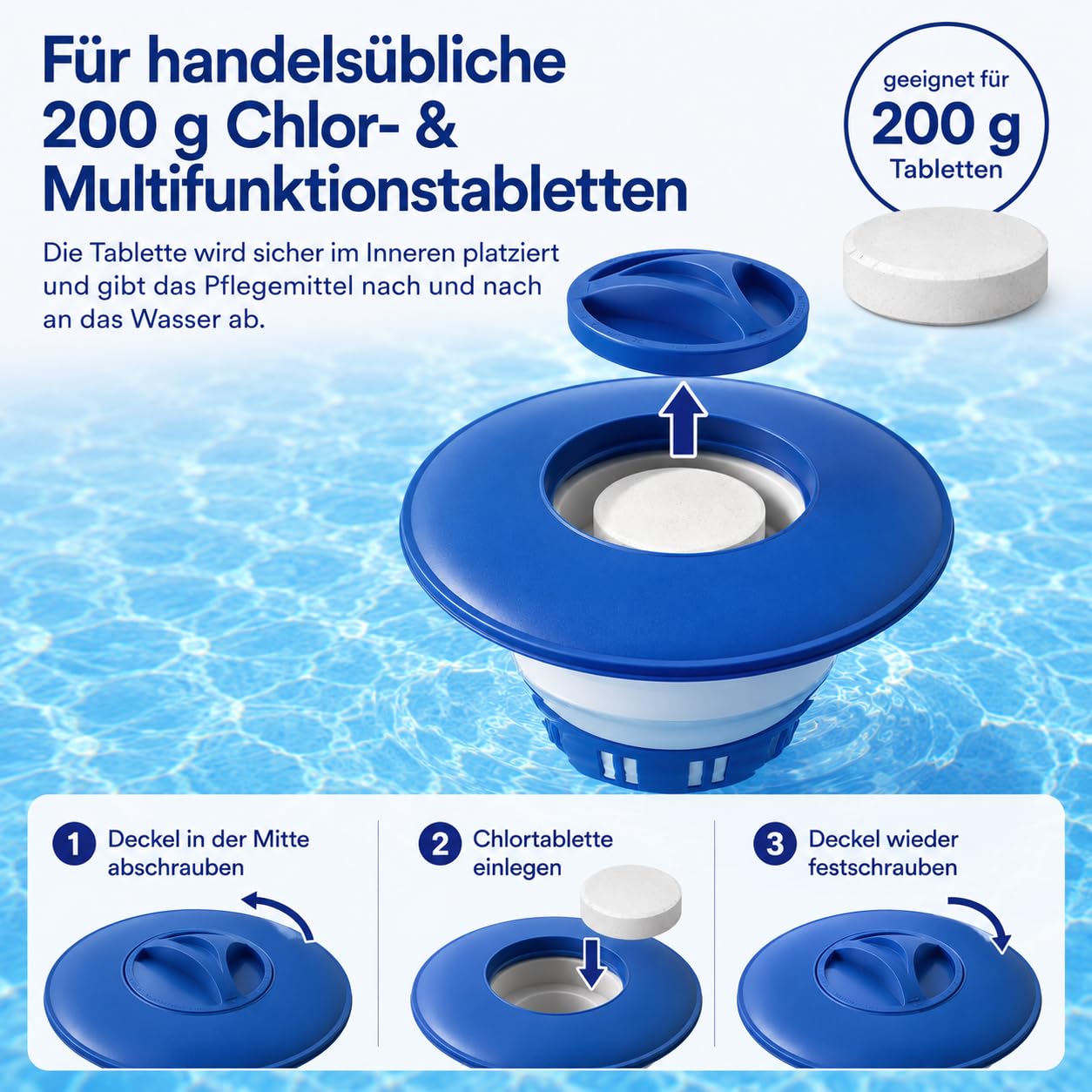 poolomio® Pływający dozownik chloru do tabletek chloru 200 g – pływak dozujący do chloru i tabletek wielofunkcyjnych – równomierna pielęgnacja wody do basenu, jacuzzi, spa i basenów