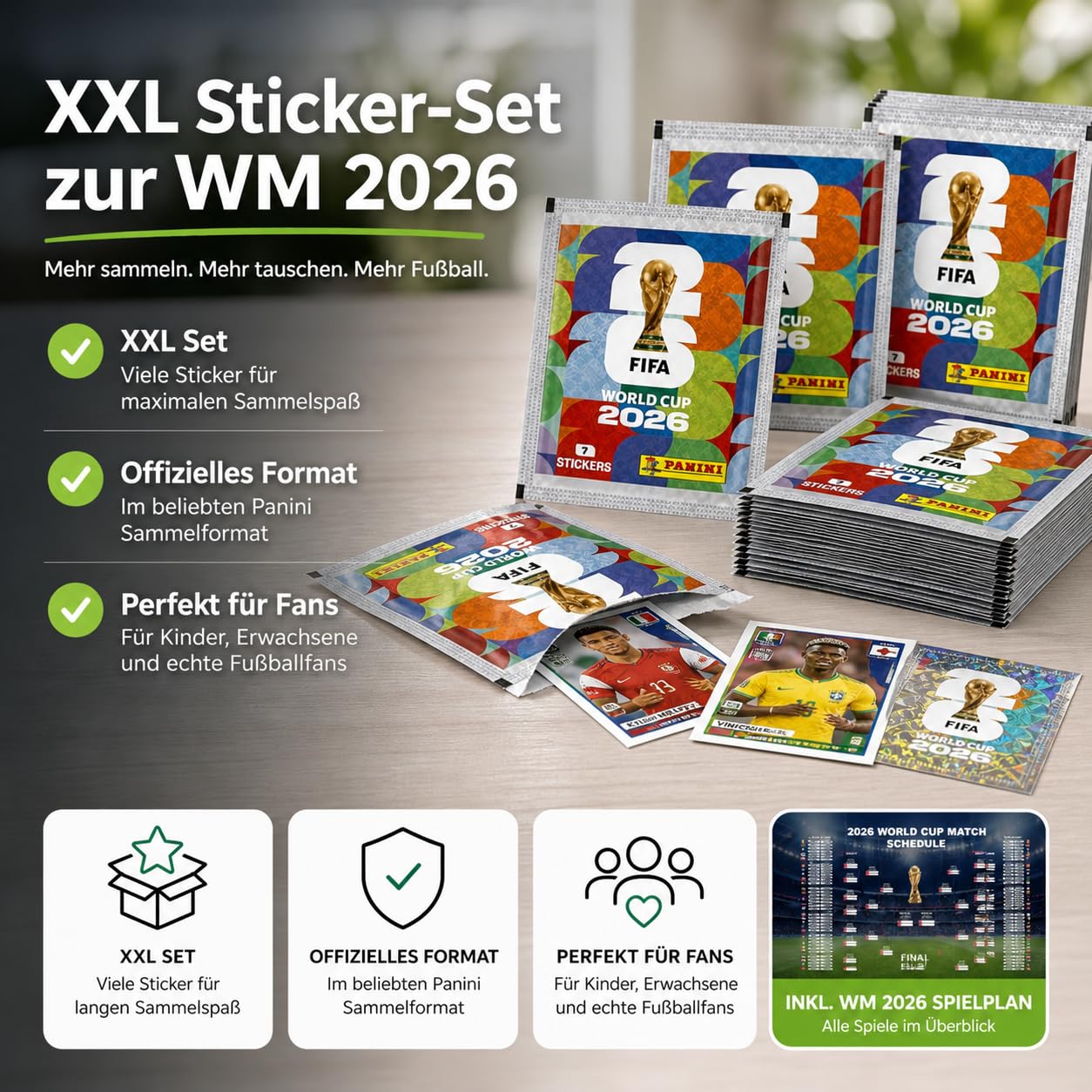 Panini WM 2026 Adhesivos y Plan de Partidos Set - para el Mundial de Fútbol 2026 - Tarjetas de fútbol para coleccionar incl. plan de partidos (25 bolsas / 175 sobres de pegatinas)