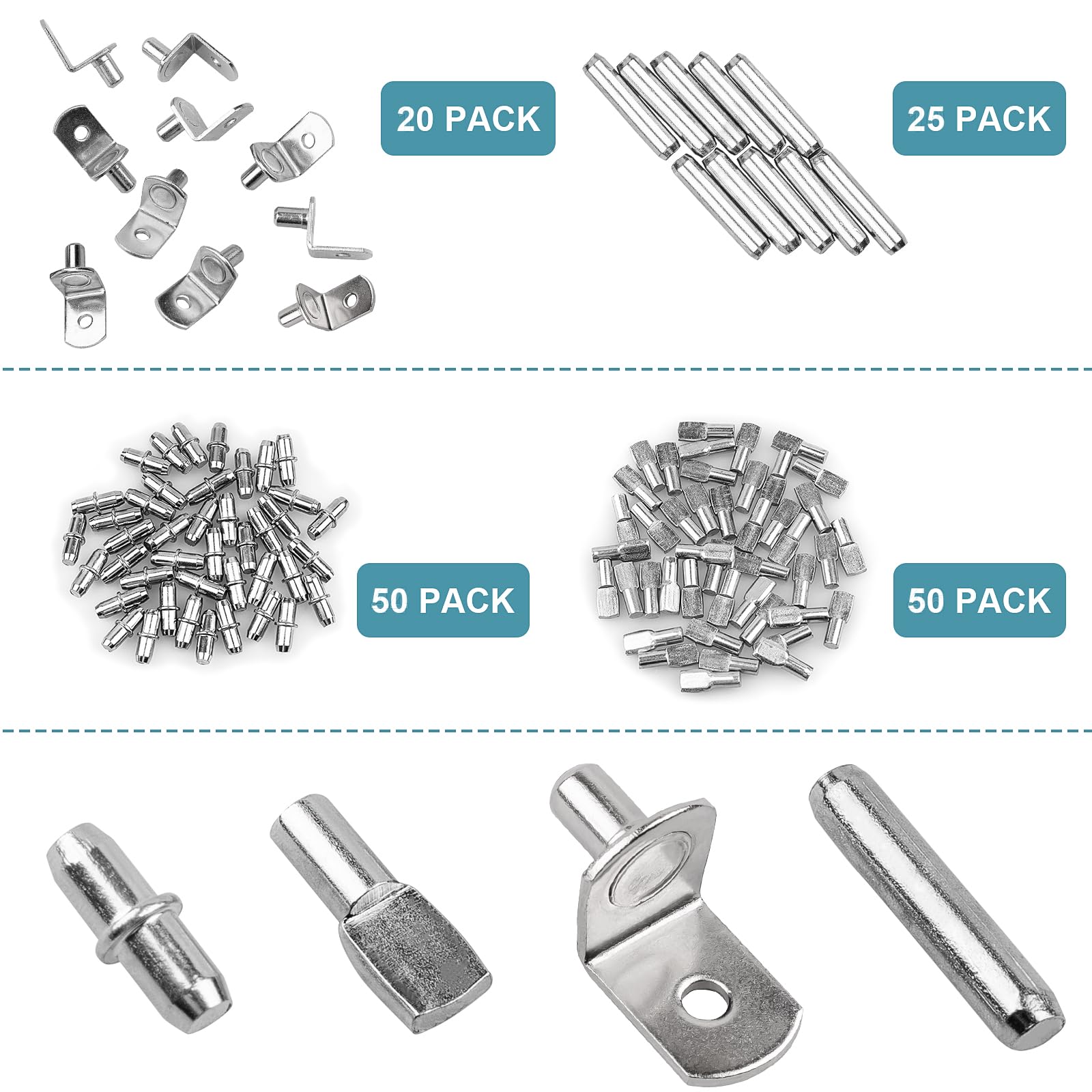 145 Pcs Shelf Pins Kit, Upgraded Shelf Pins 4 Styles, 5mm & 1/4inch Nickel Shelf Support Pegs, Cabinet Shelf Pegs for Shelves, Shelf Support for Bookshelf Kitchen Cabinet Shelf Pegs. (145) — Amazon image 4