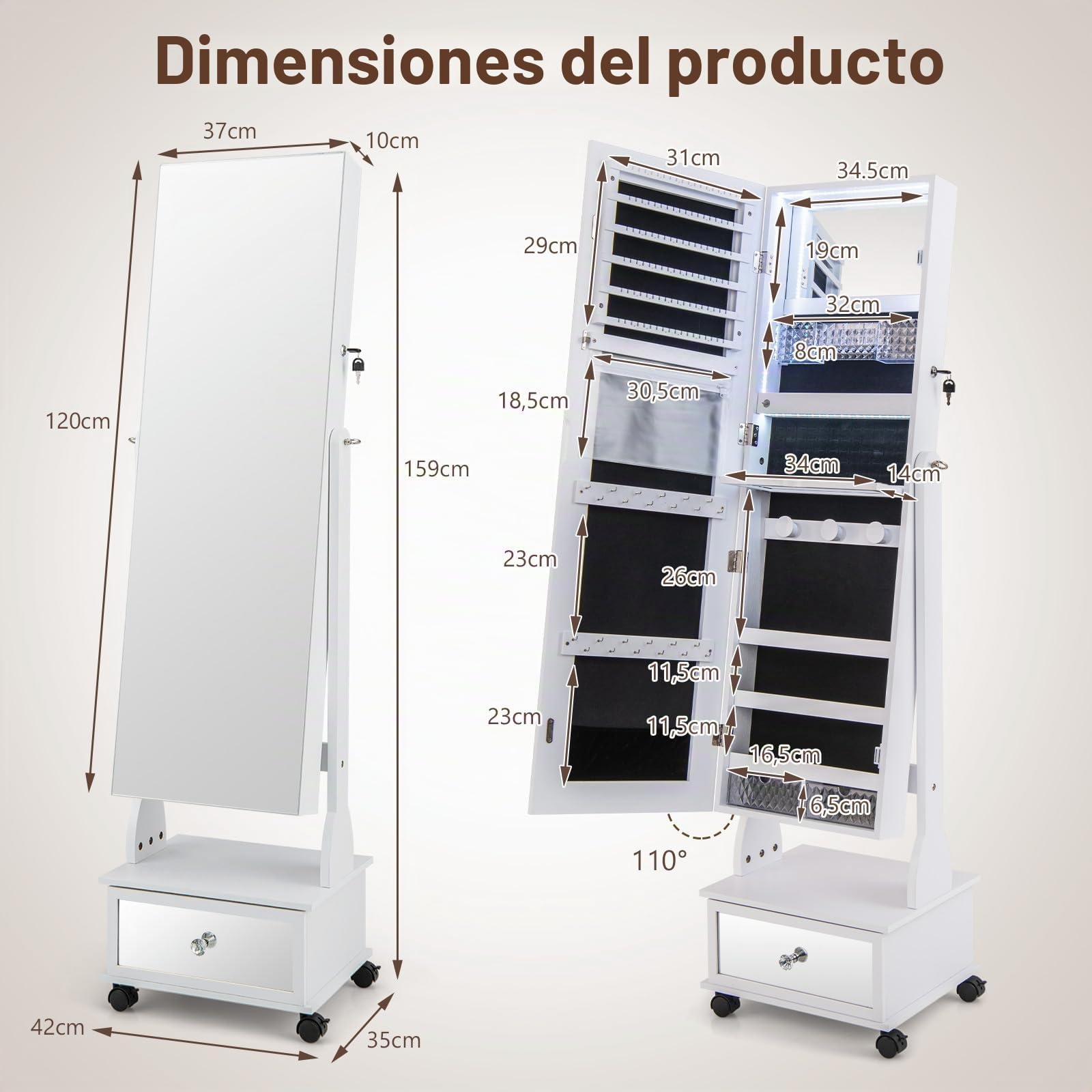 RELAX4LIFE Espejo joyero de suelo, armario joyero con luces LED, 3 ángulos ajustables, 4 ruedas universales, organizador para joyas y accesorios (blanco, 35 x 42 x 159 cm)