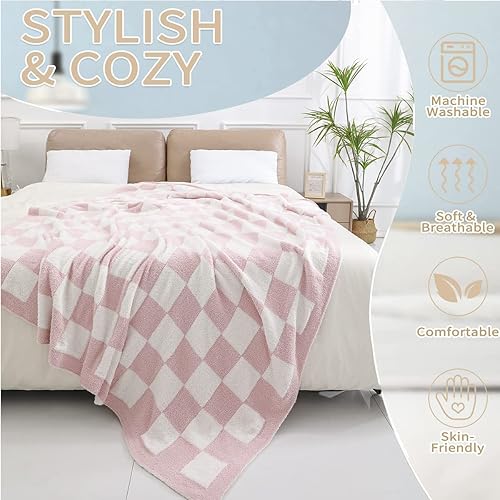 Miniatura 2 de DOOWELL Manta de punto suave con patrón de cuadrícula de ajedrez para sofá, cama, camping, regalo de viaje (rosa, 60 x 80 pulgadas)