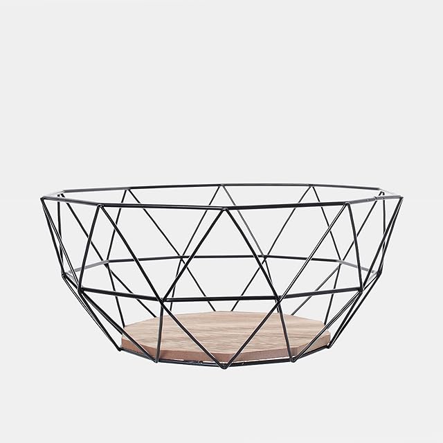 Black Geometric Metal Wire Wooden Base Decorative Storage/ Display Basket Fruit Bowl