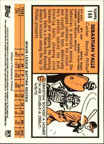 Miniatura 2 de 2012 Topps Heritage Minor League #144 Sebastian Valle Reading Phillies MLB Baseball Card NM-MT